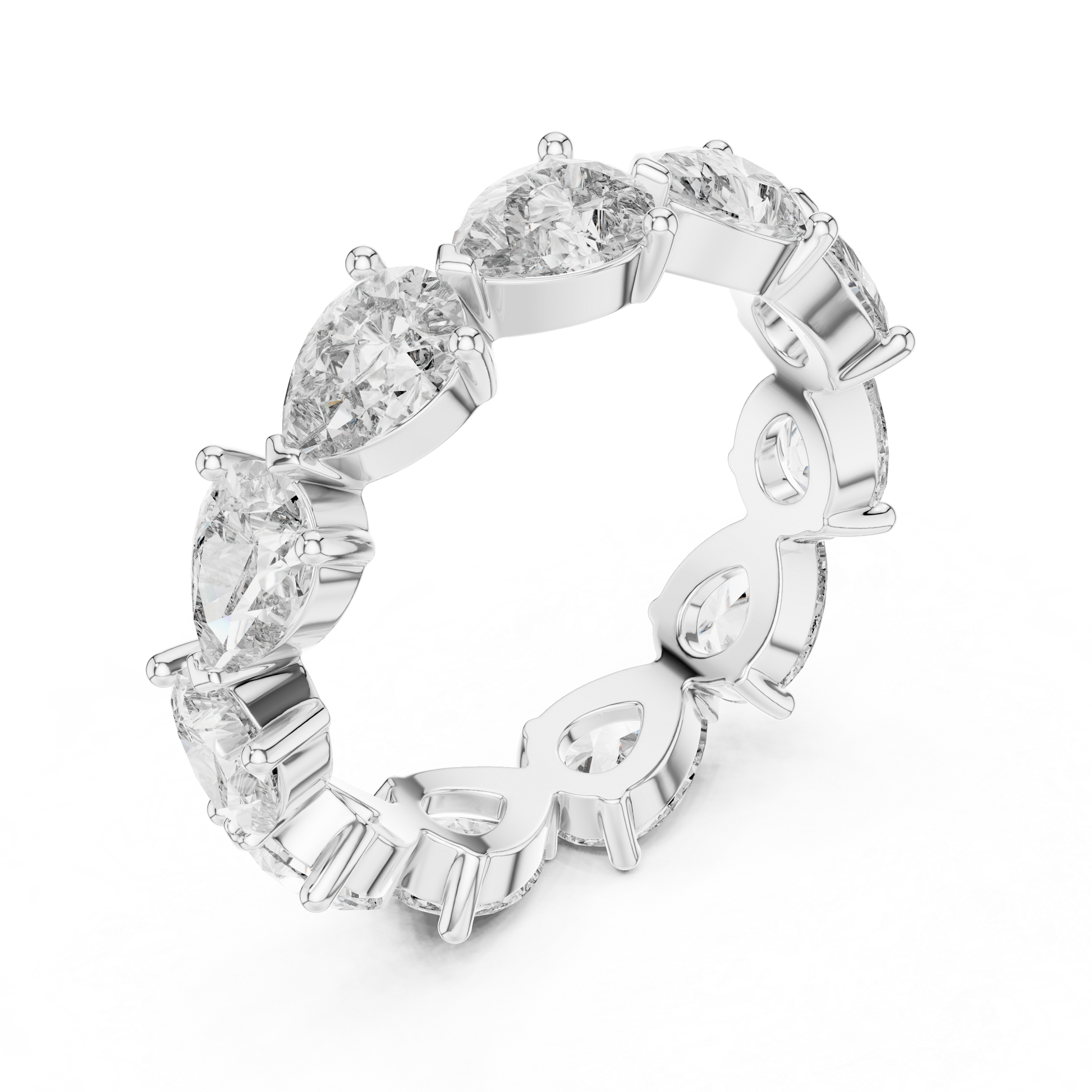 full eternity band features a unique, horizontal arrangement of Pear-cut diamonds