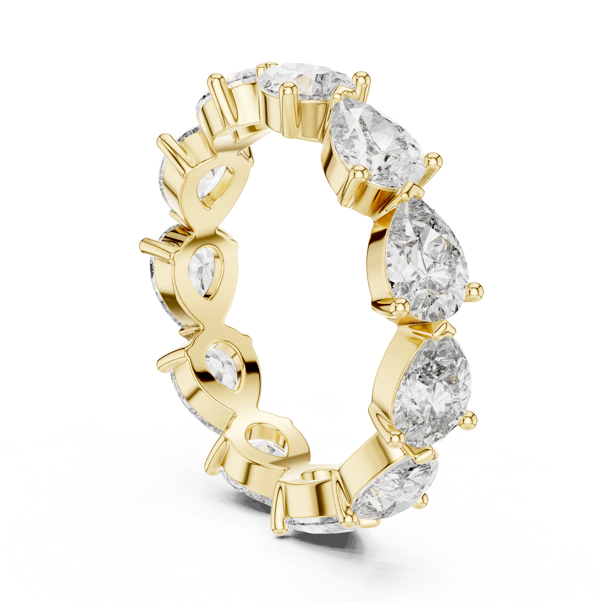 full eternity band features a unique, horizontal arrangement of Pear-cut diamonds
