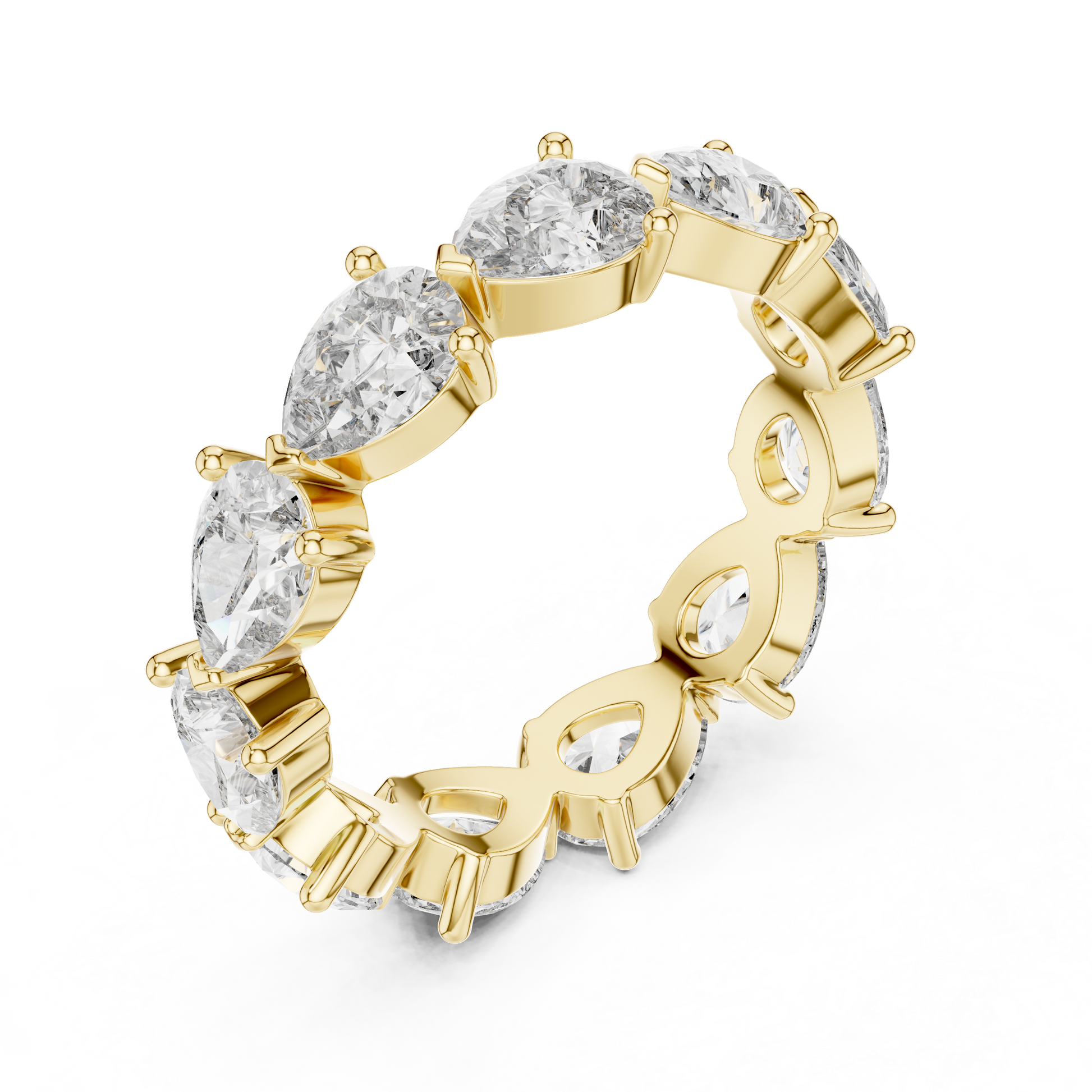 full eternity band features a unique, horizontal arrangement of Pear-cut diamonds
