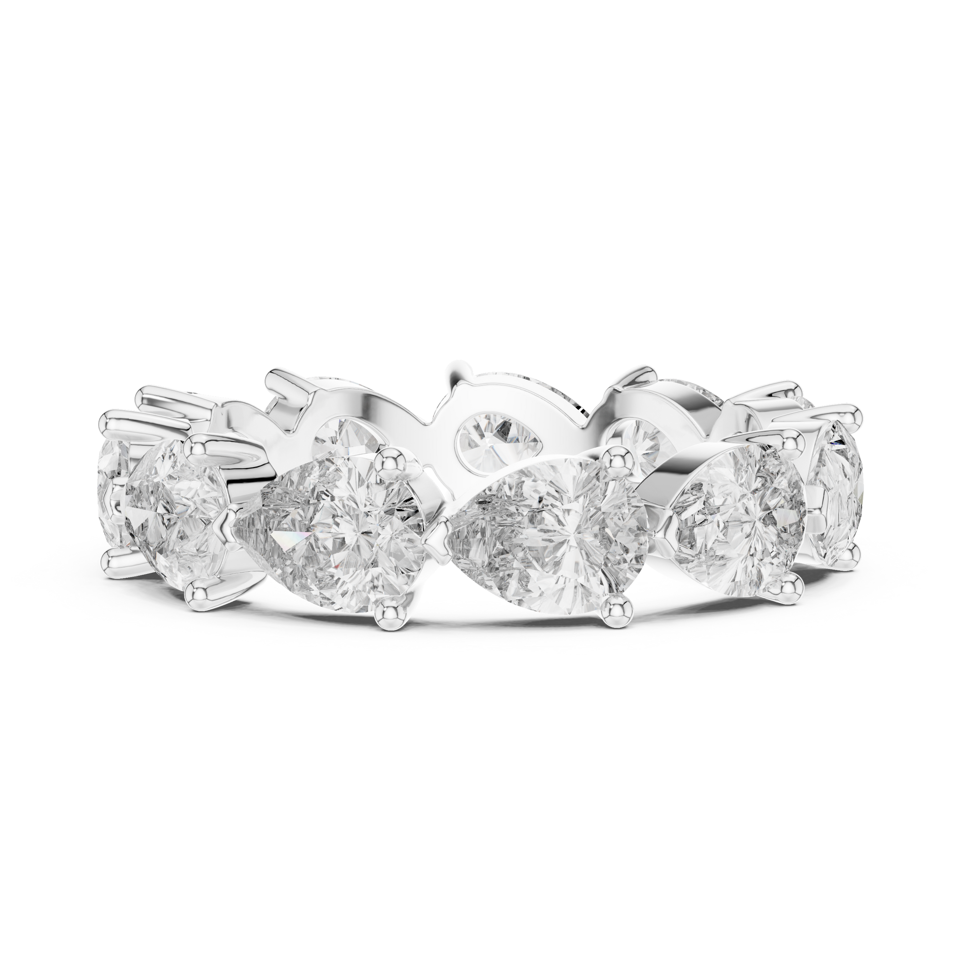 full eternity band features a unique, horizontal arrangement of Pear-cut diamonds