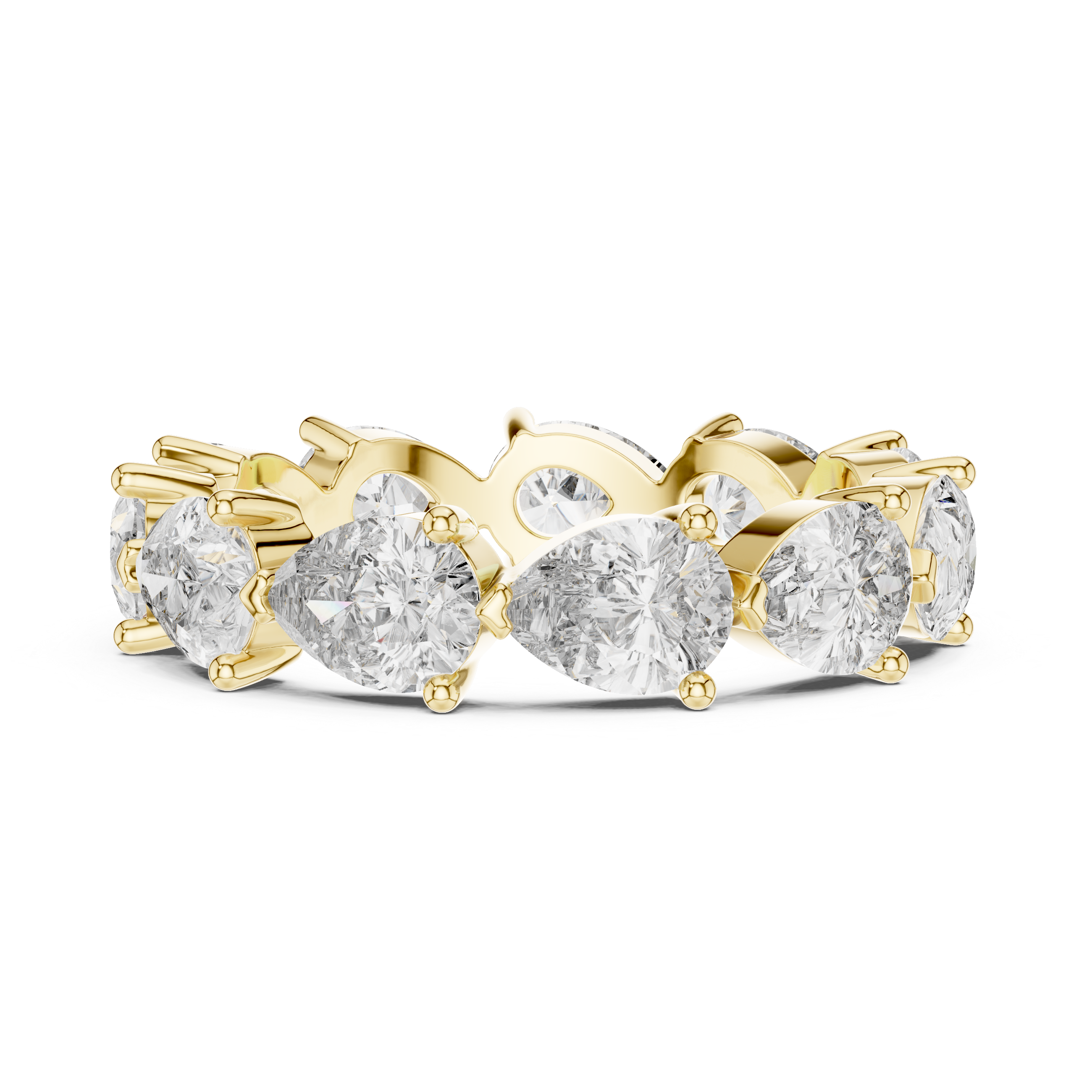 full eternity band features a unique, horizontal arrangement of Pear-cut diamonds