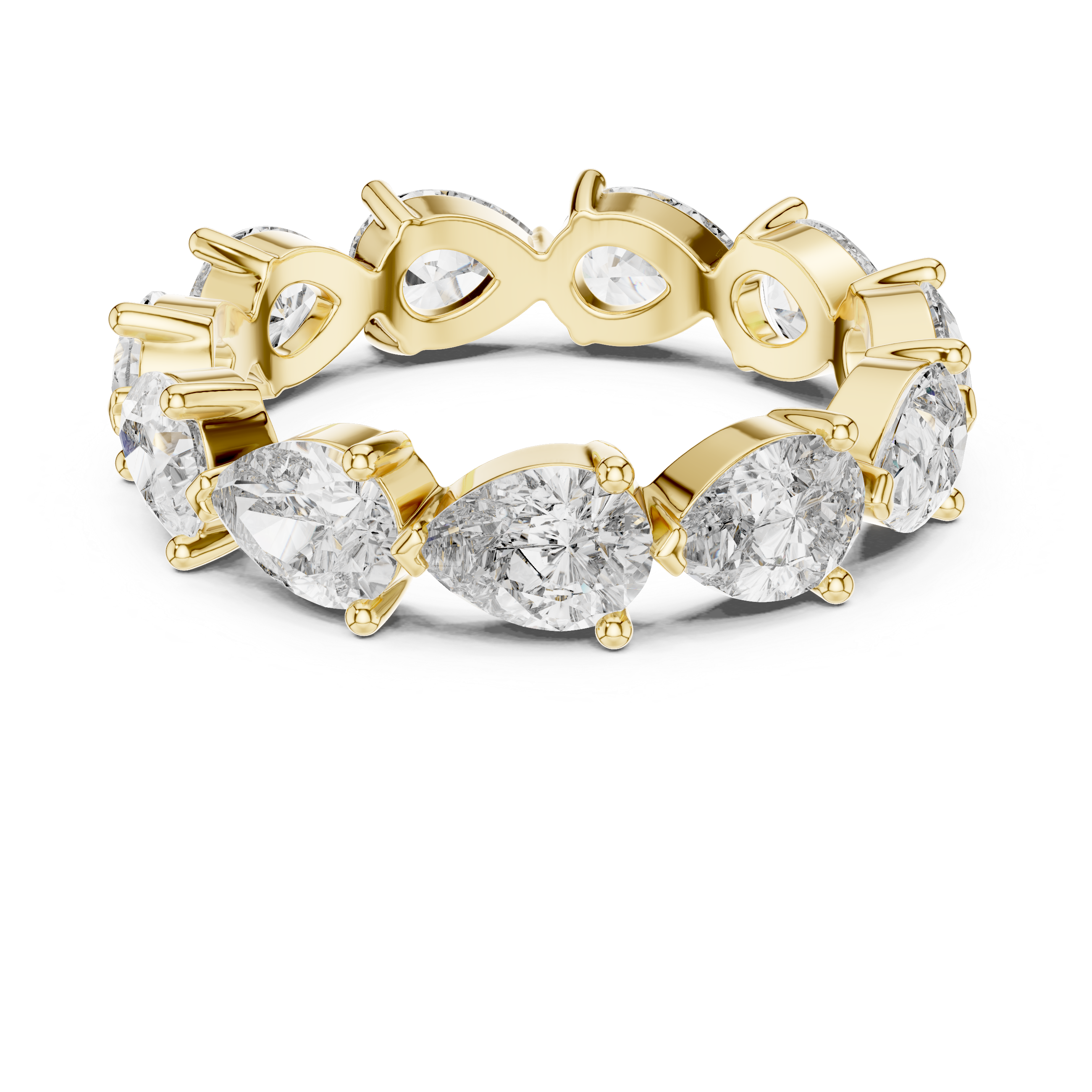 full eternity band features a unique, horizontal arrangement of Pear-cut diamonds