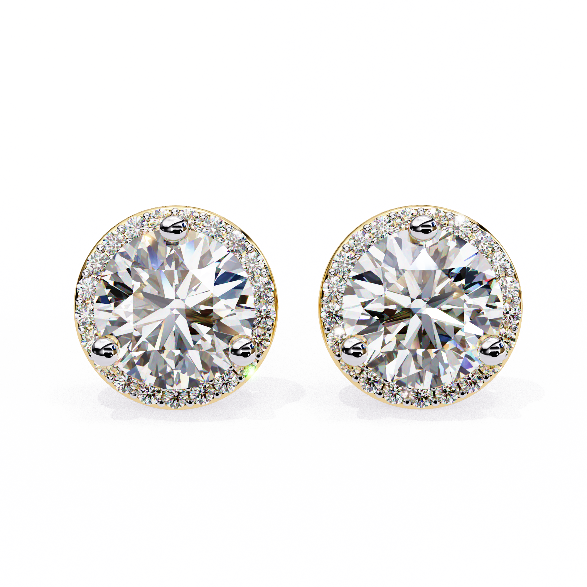 Pair of round diamond stud earrings on a white background