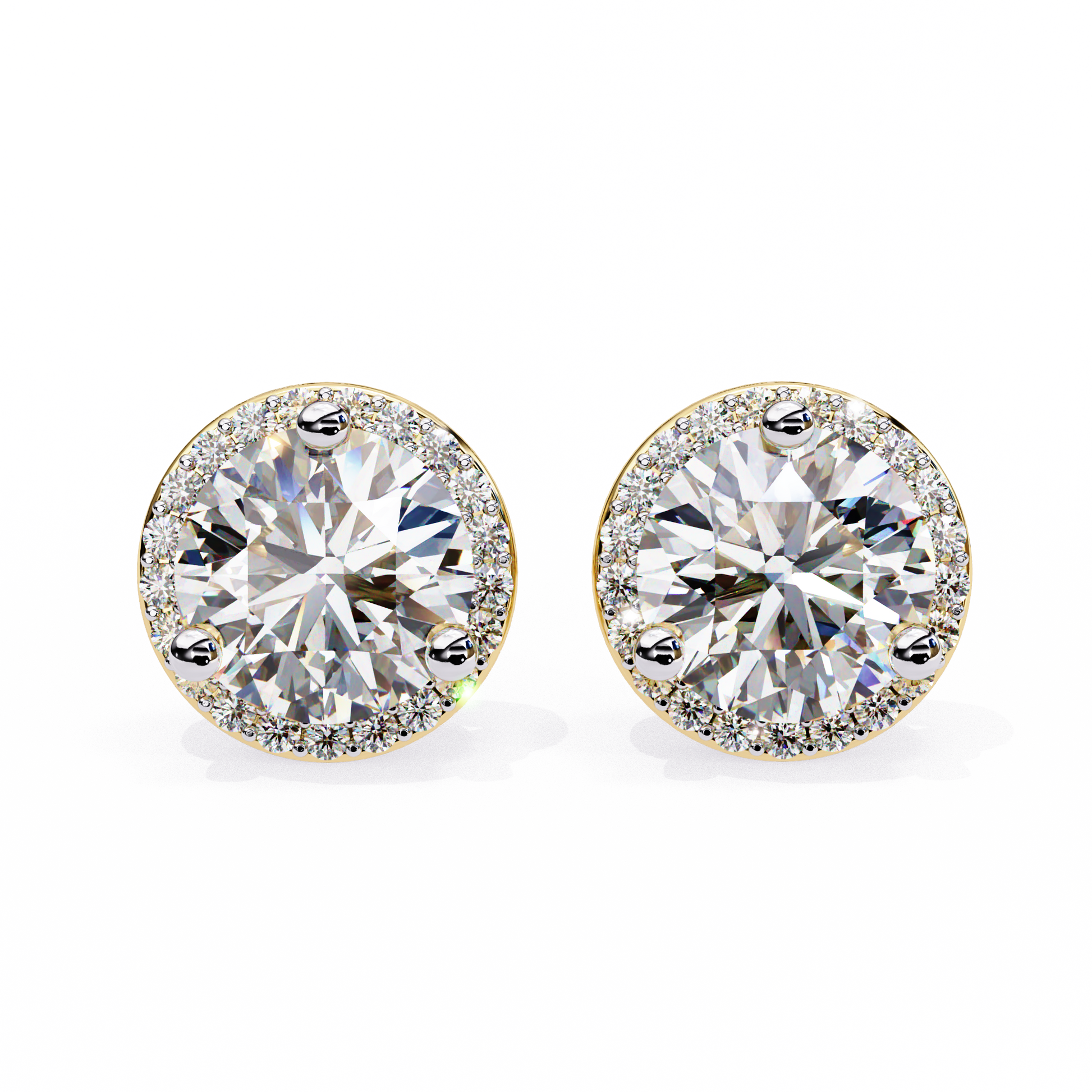 Pair of round diamond stud earrings on a white background