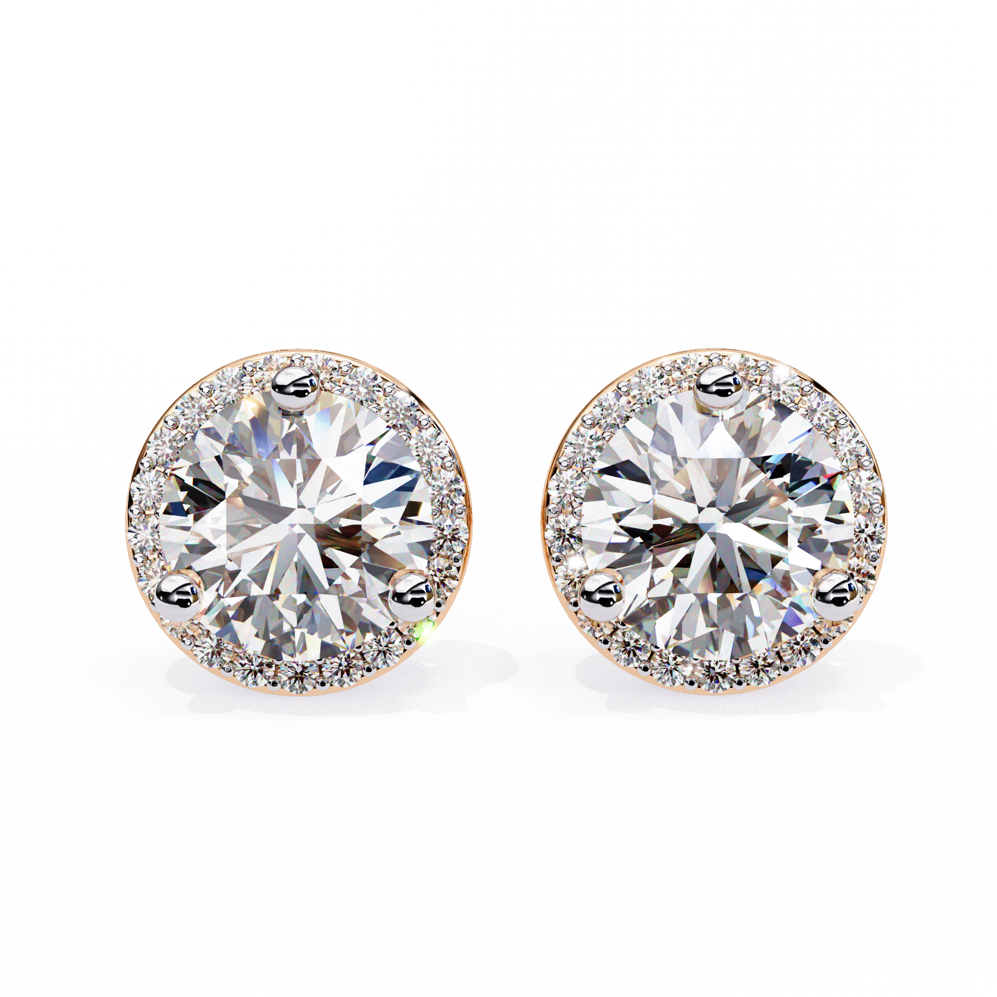 Pair of round diamond stud earrings on a white background