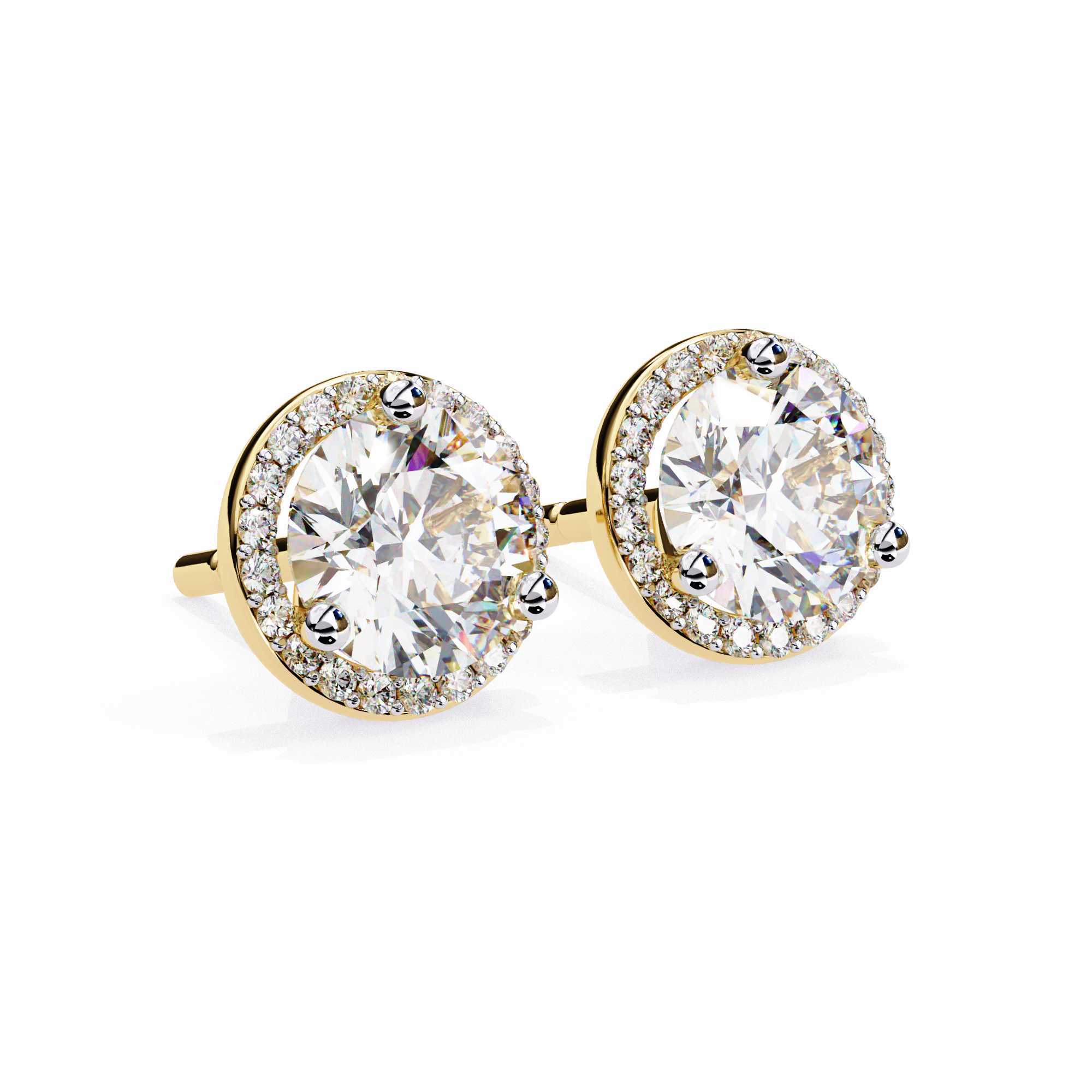 Pair of round diamond stud earrings on a white background