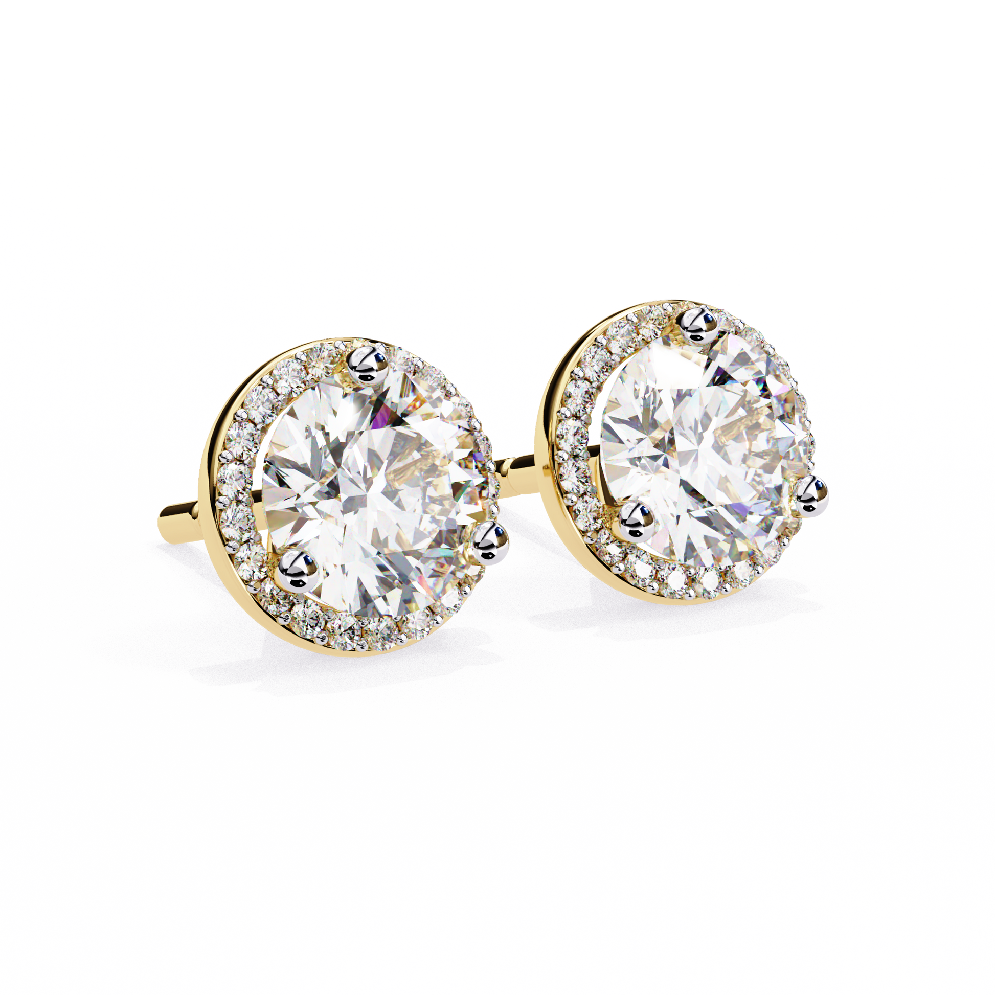 Pair of round diamond stud earrings on a white background