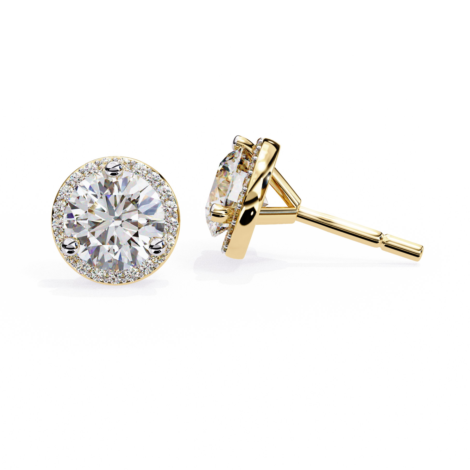 Pair of round diamond stud earrings on a white background