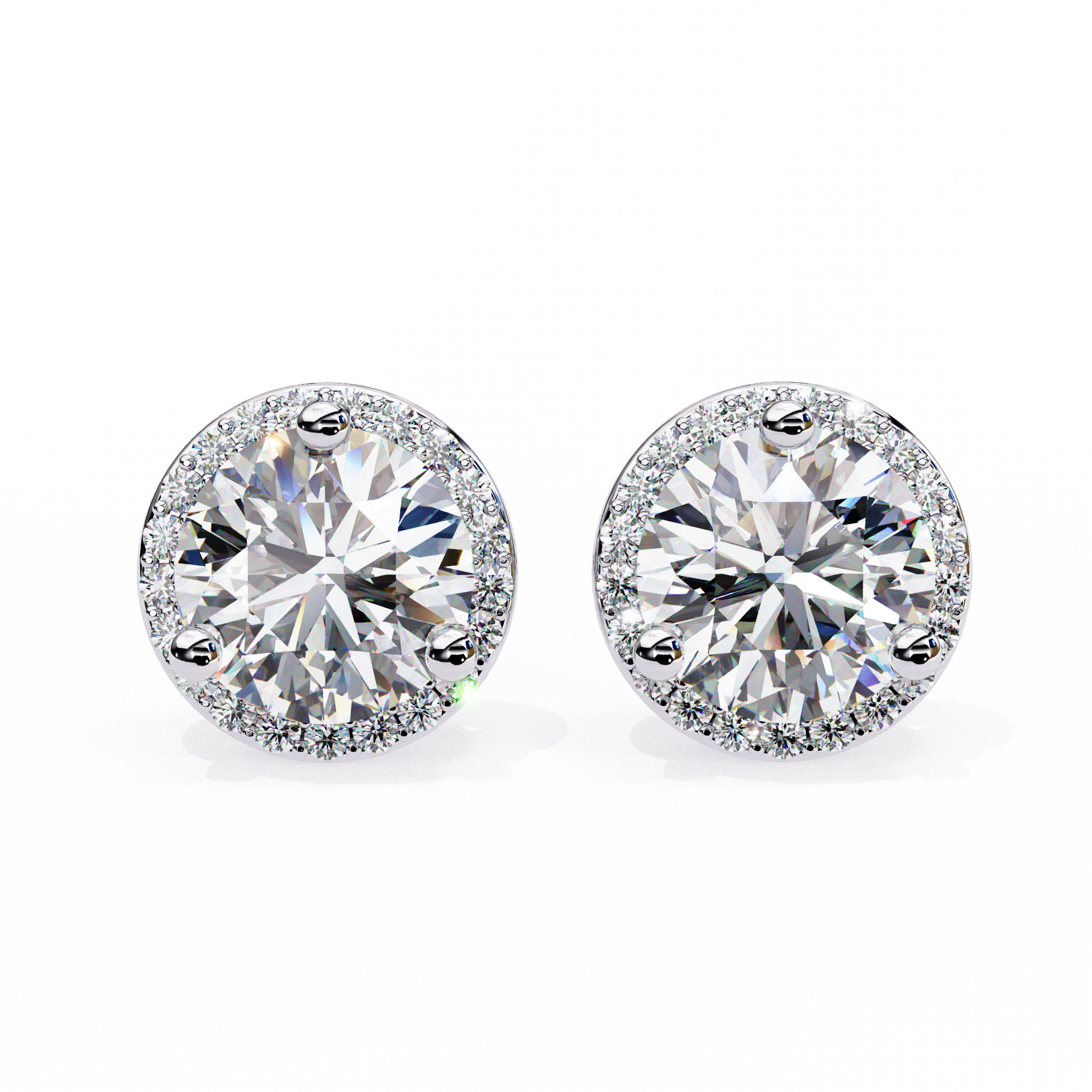 Pair of round diamond stud earrings on a white background