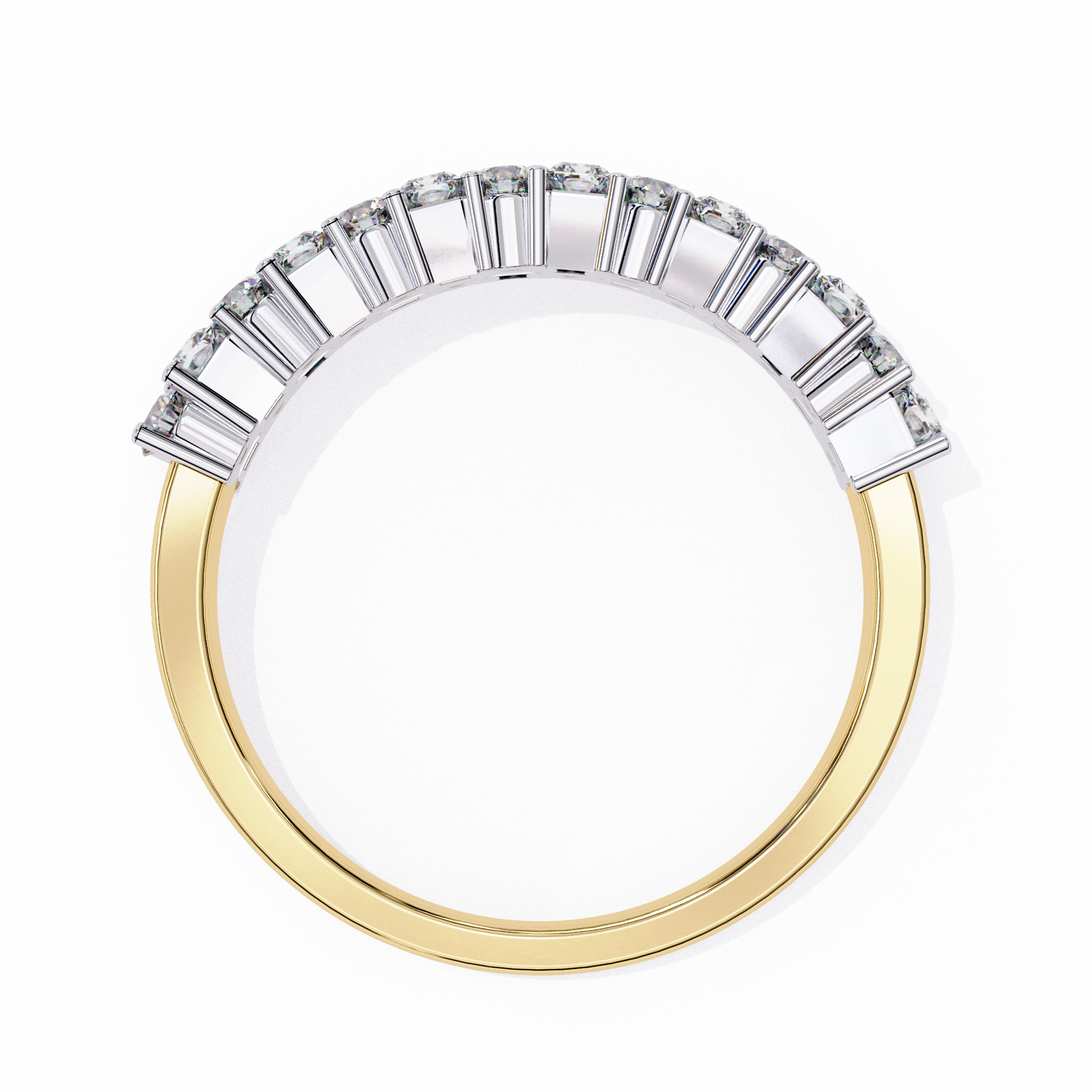 half-eternity band features a curated sequence of Radiant and Round-cut diamonds