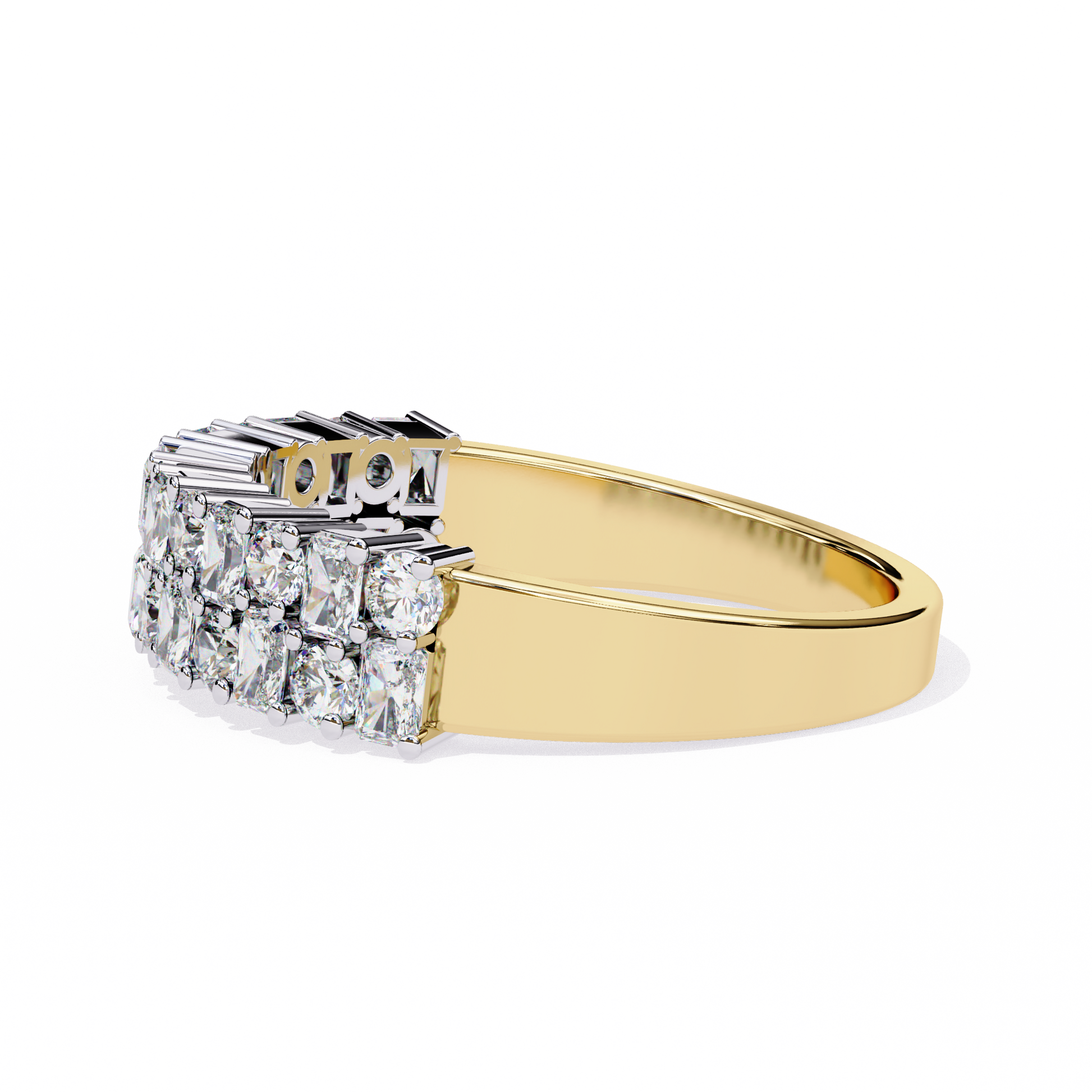 half-eternity band features a curated sequence of Radiant and Round-cut diamonds