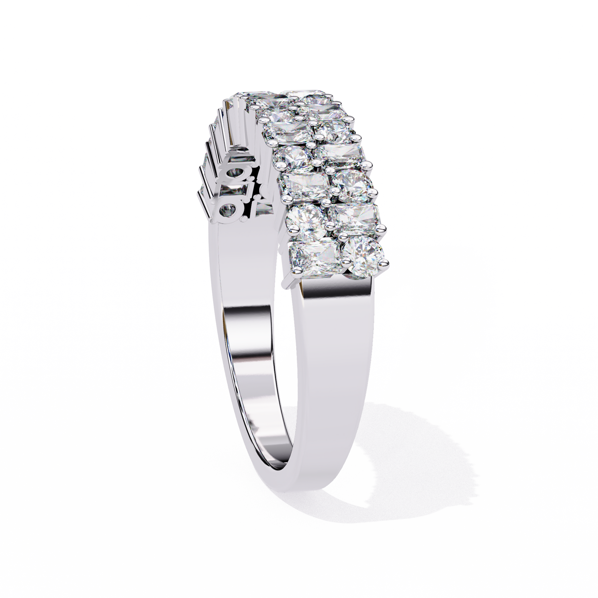 half-eternity band features a curated sequence of Radiant and Round-cut diamonds
