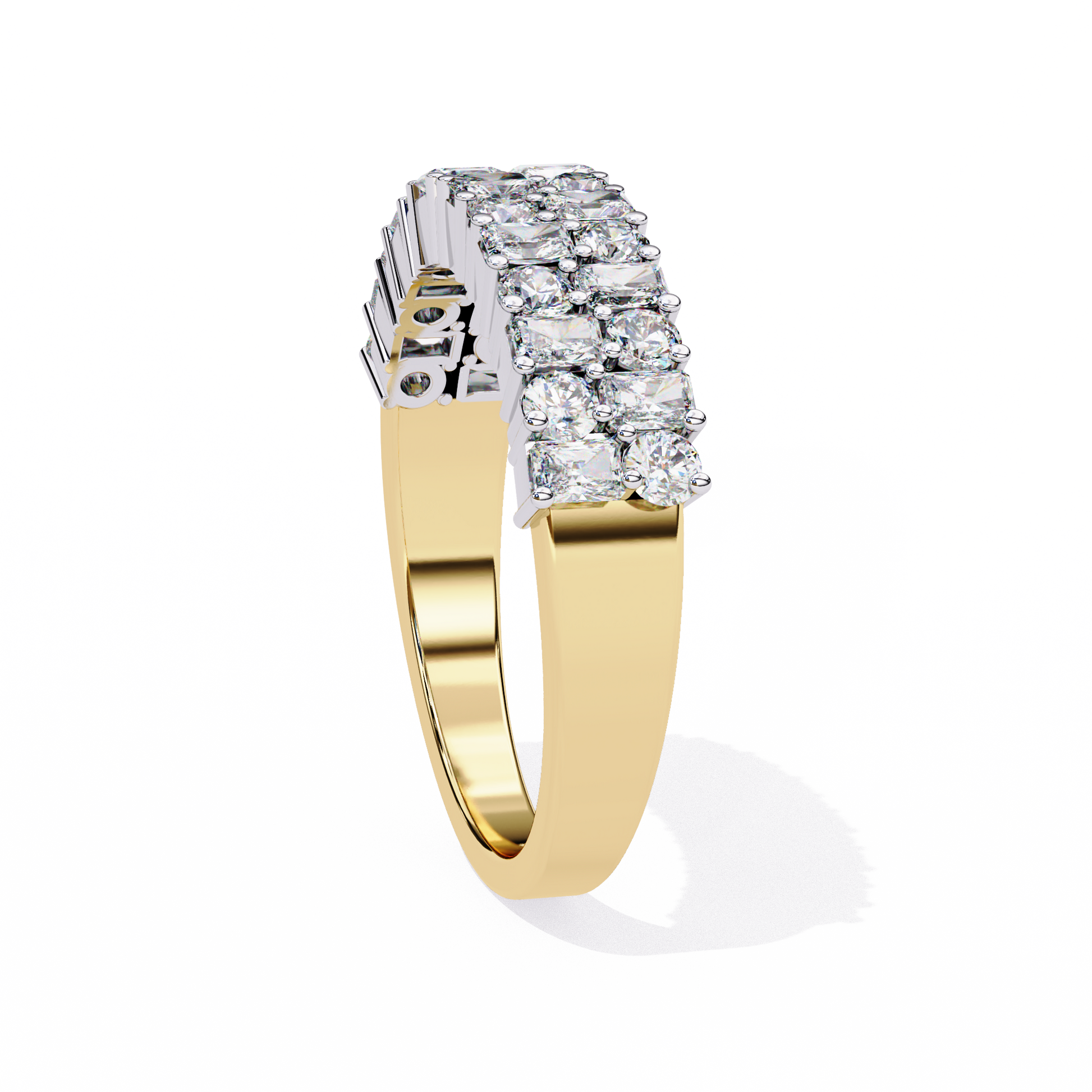 half-eternity band features a curated sequence of Radiant and Round-cut diamonds