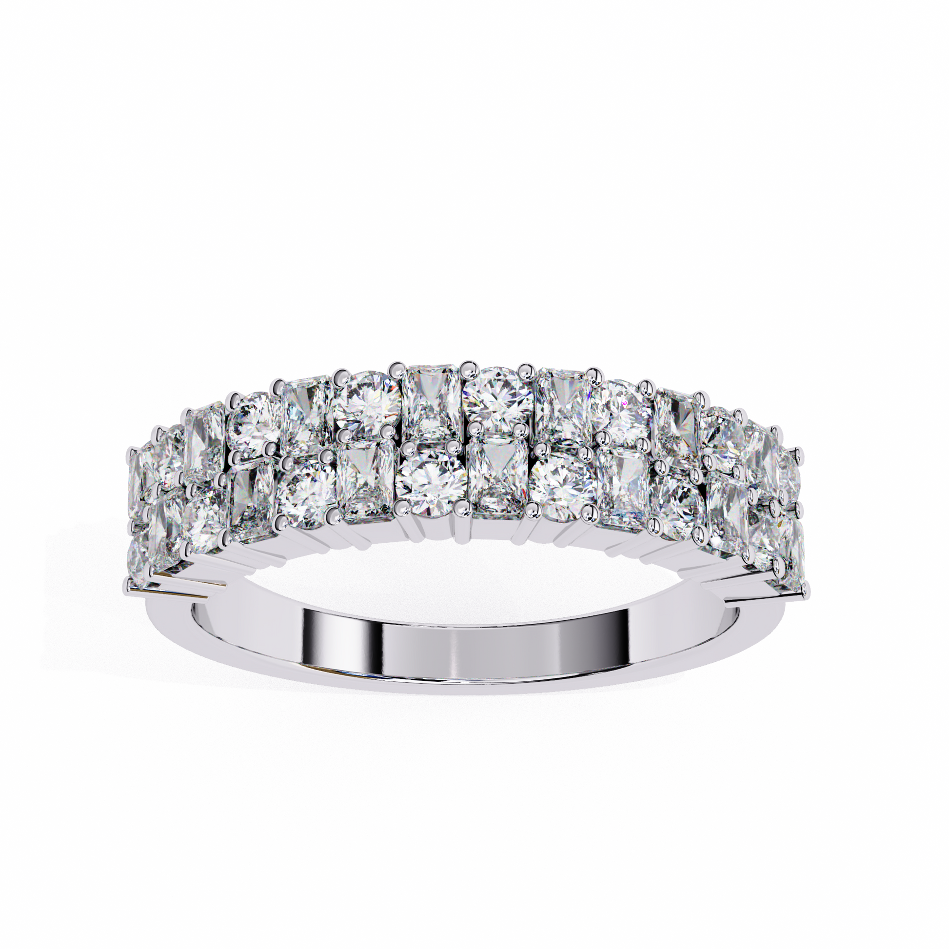 half-eternity band features a curated sequence of Radiant and Round-cut diamonds