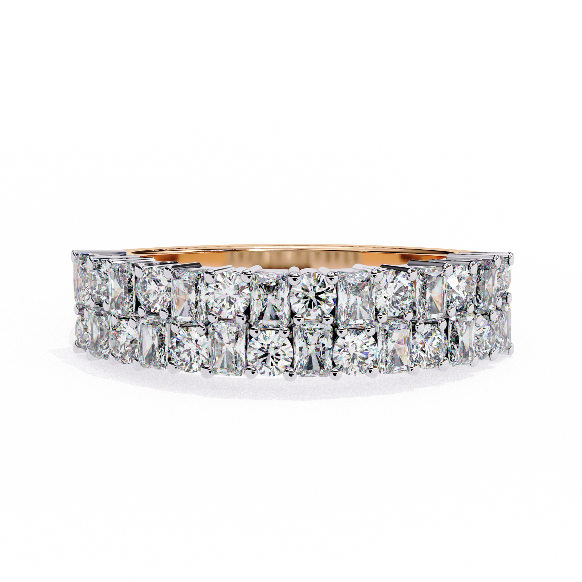 half-eternity band features a curated sequence of Radiant and Round-cut diamonds