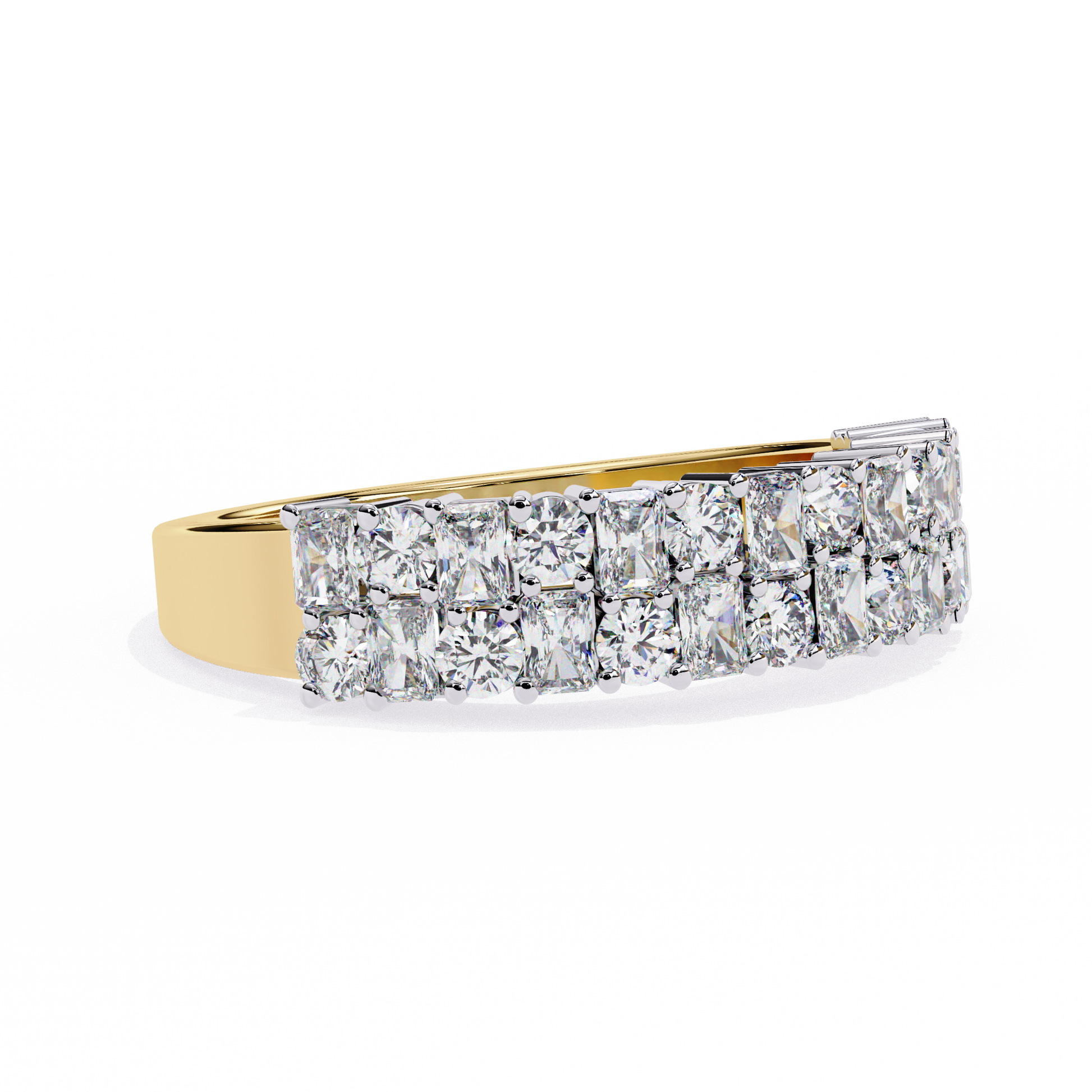 half-eternity band features a curated sequence of Radiant and Round-cut diamonds
