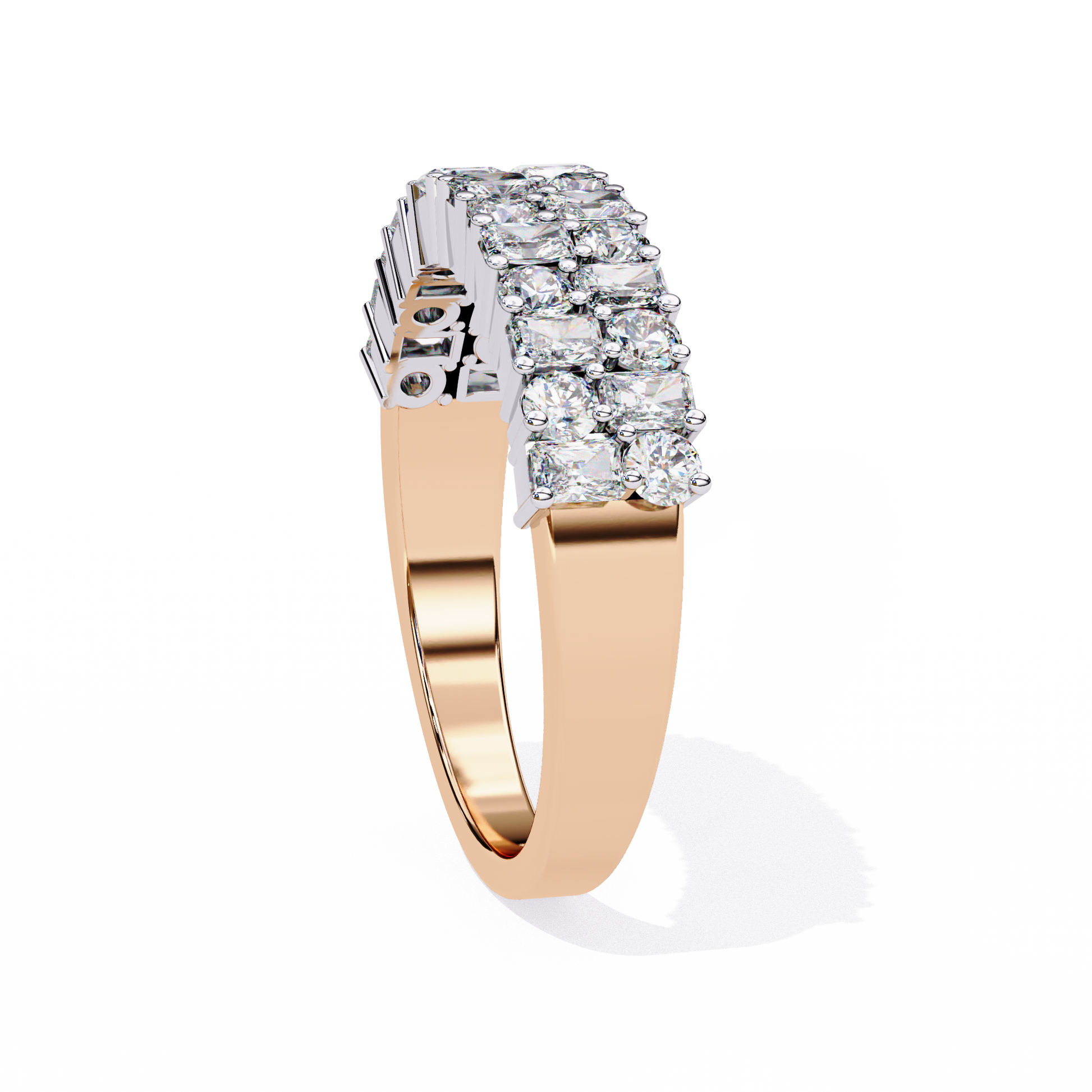 half-eternity band features a curated sequence of Radiant and Round-cut diamonds