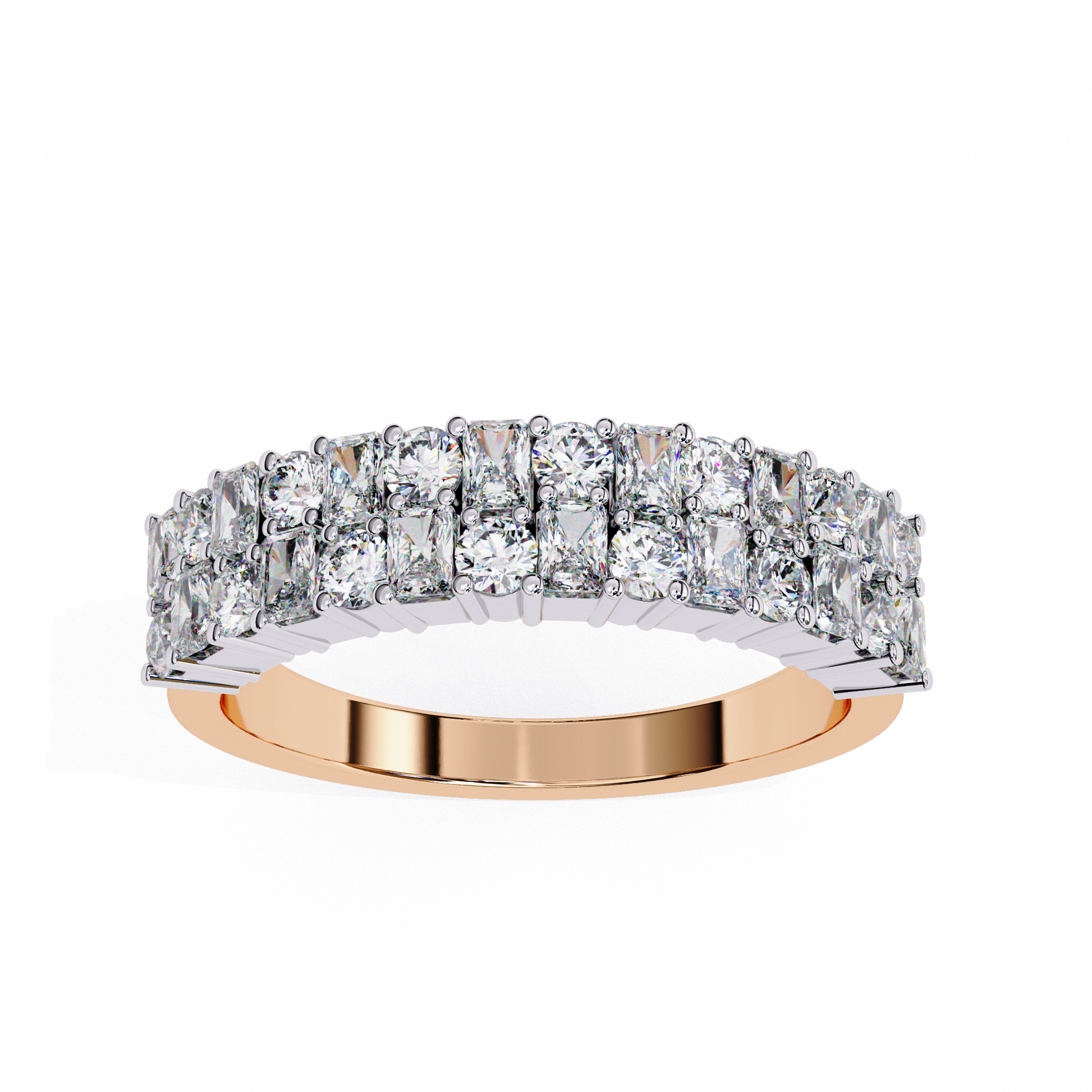 half-eternity band features a curated sequence of Radiant and Round-cut diamonds