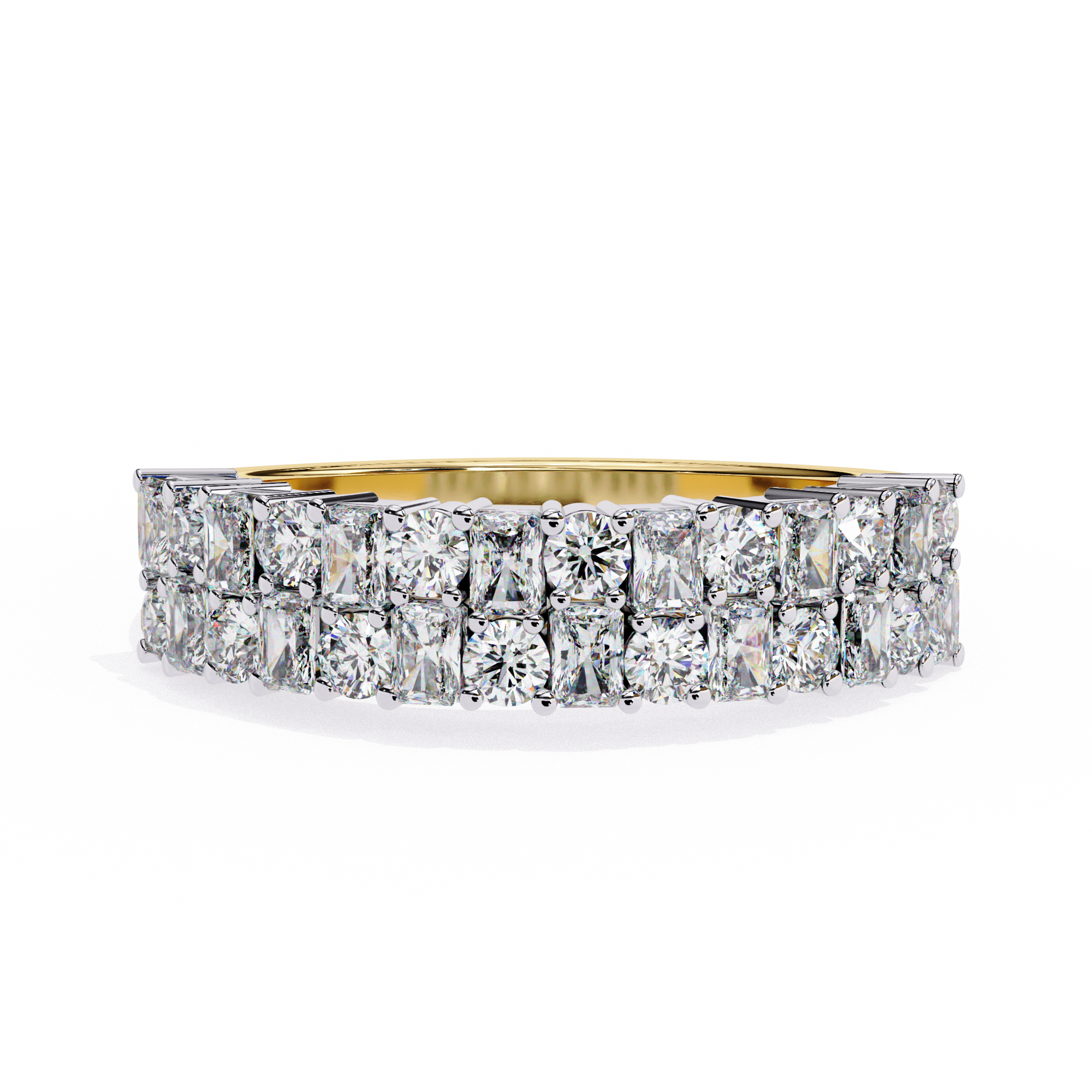 half-eternity band features a curated sequence of Radiant and Round-cut diamonds