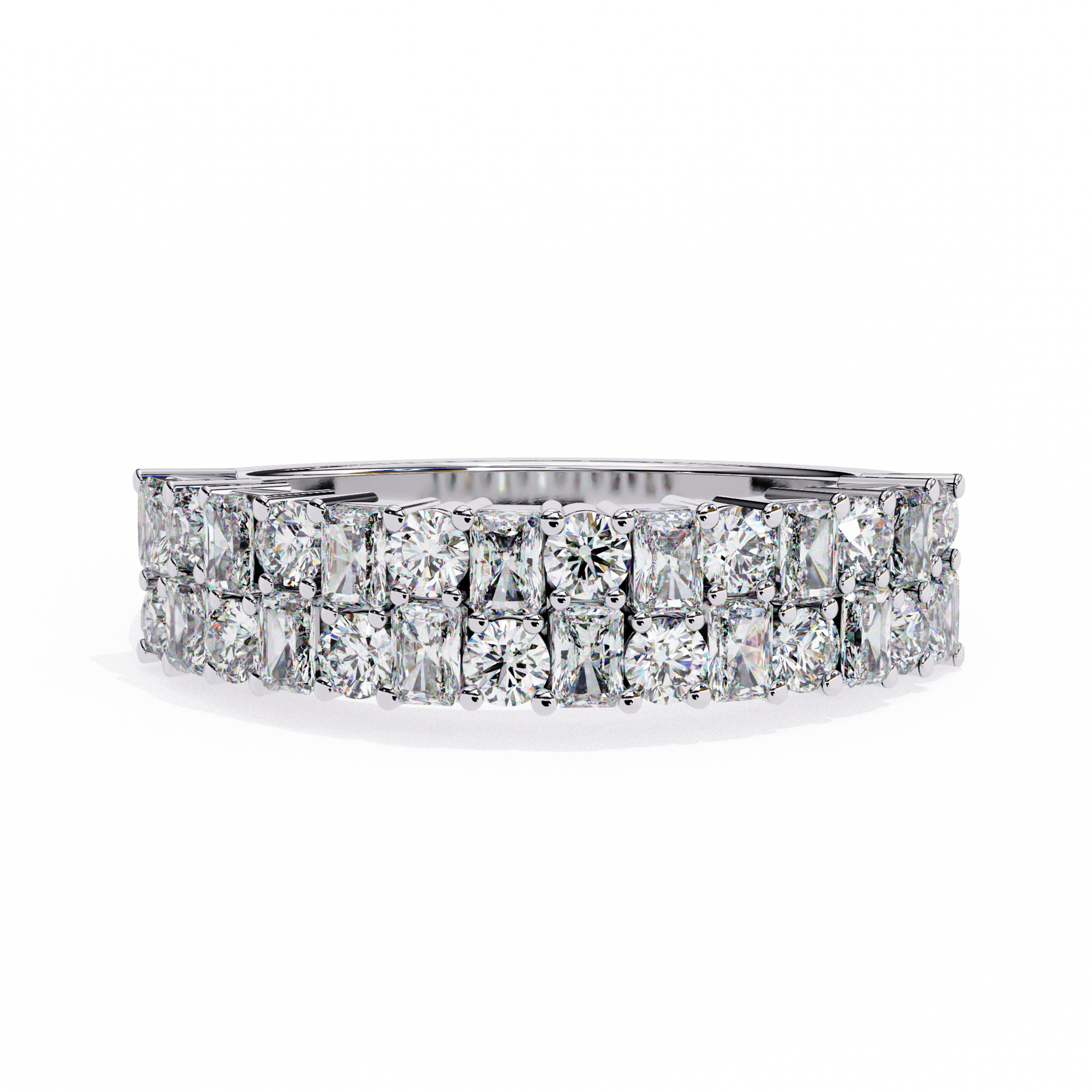 half-eternity band features a curated sequence of Radiant and Round-cut diamonds