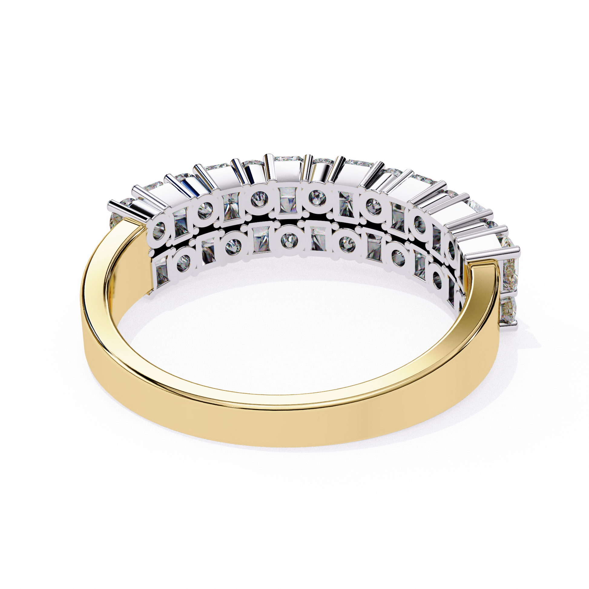 half-eternity band features a curated sequence of Radiant and Round-cut diamonds