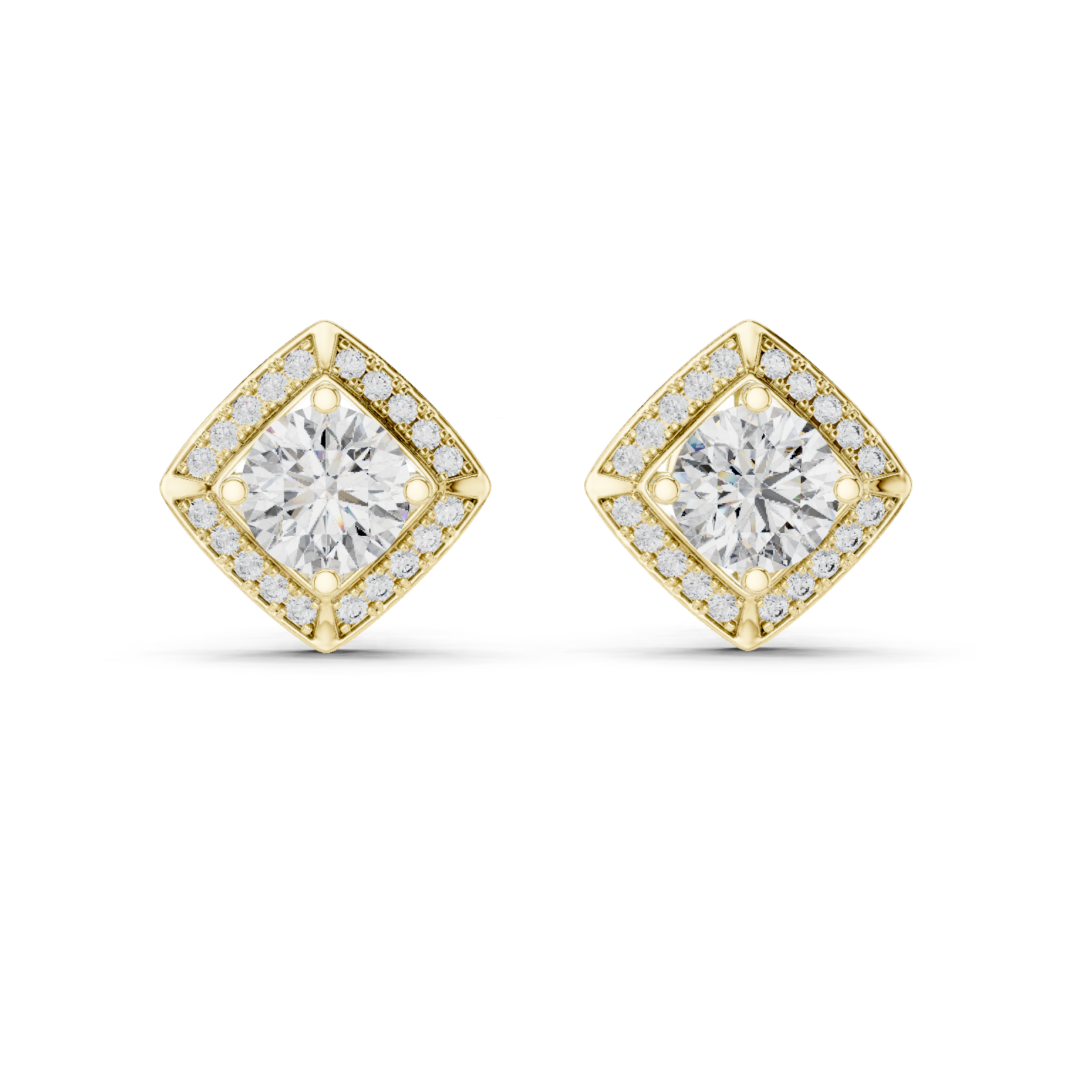 Gold square earrings with diamonds on a white background