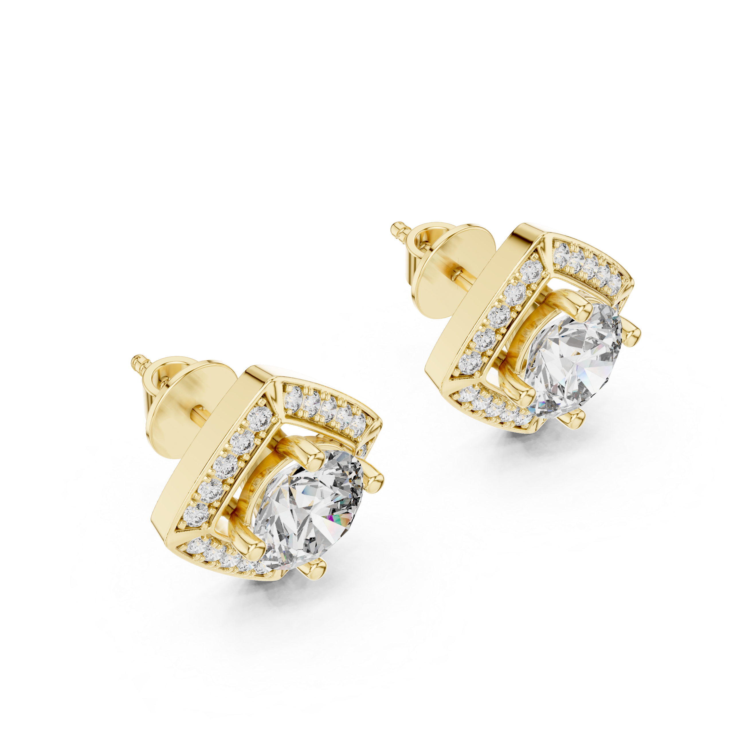 Gold square earrings with diamonds on a white background