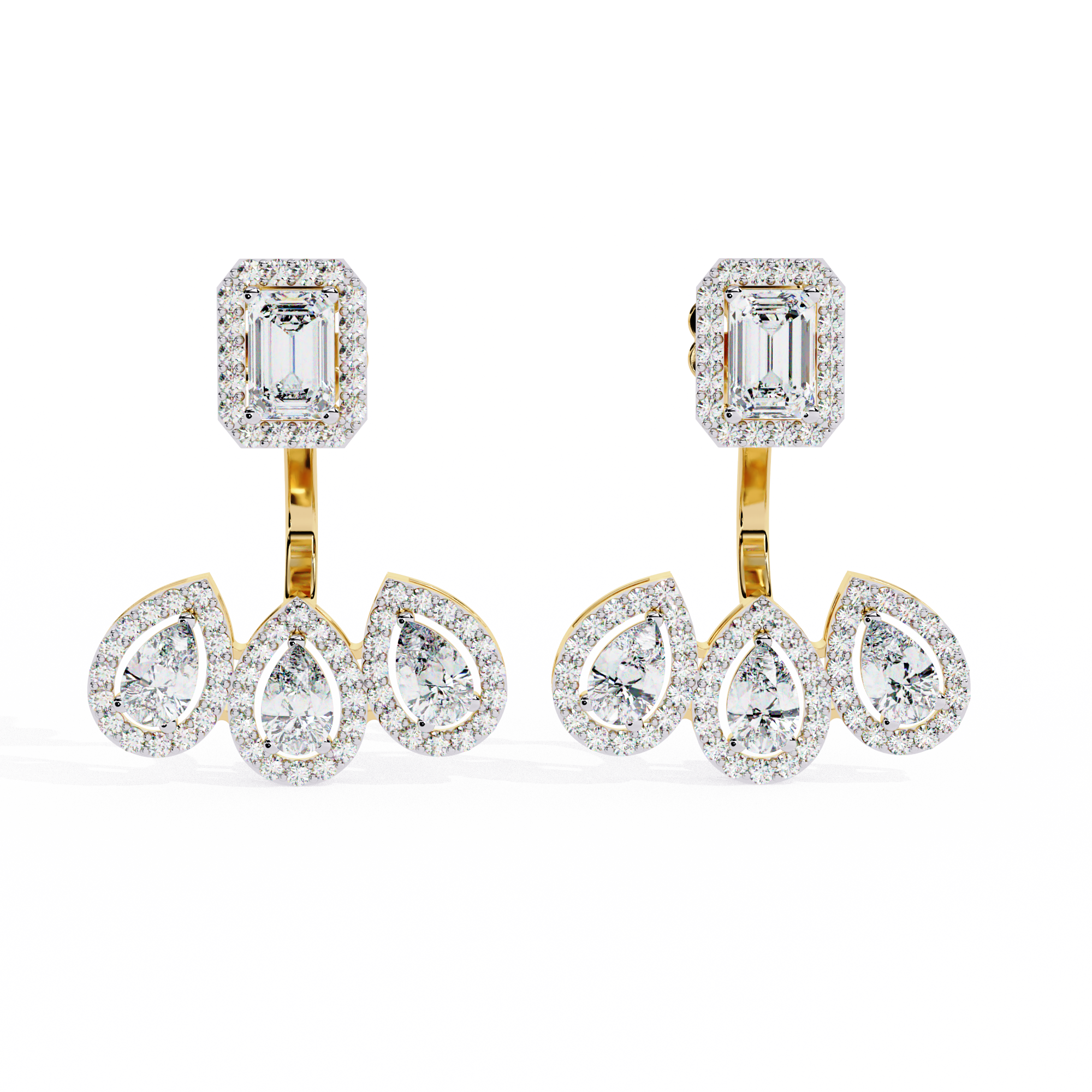 Pair of diamond earrings with gold and silver accents on a white background