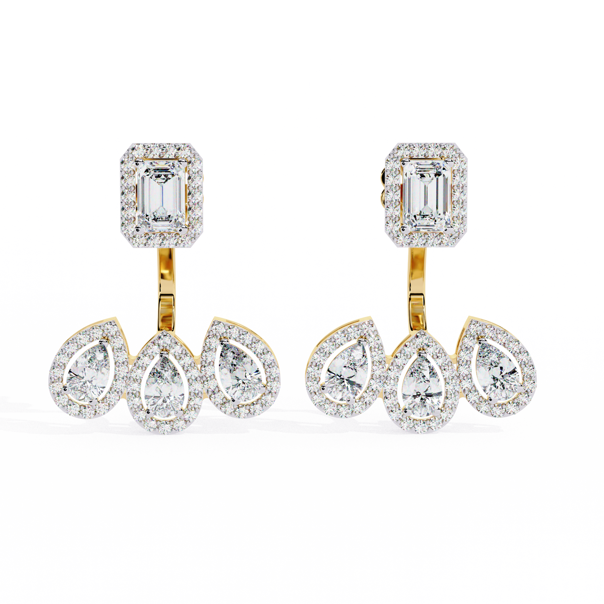 Pair of diamond earrings with gold and silver accents on a white background