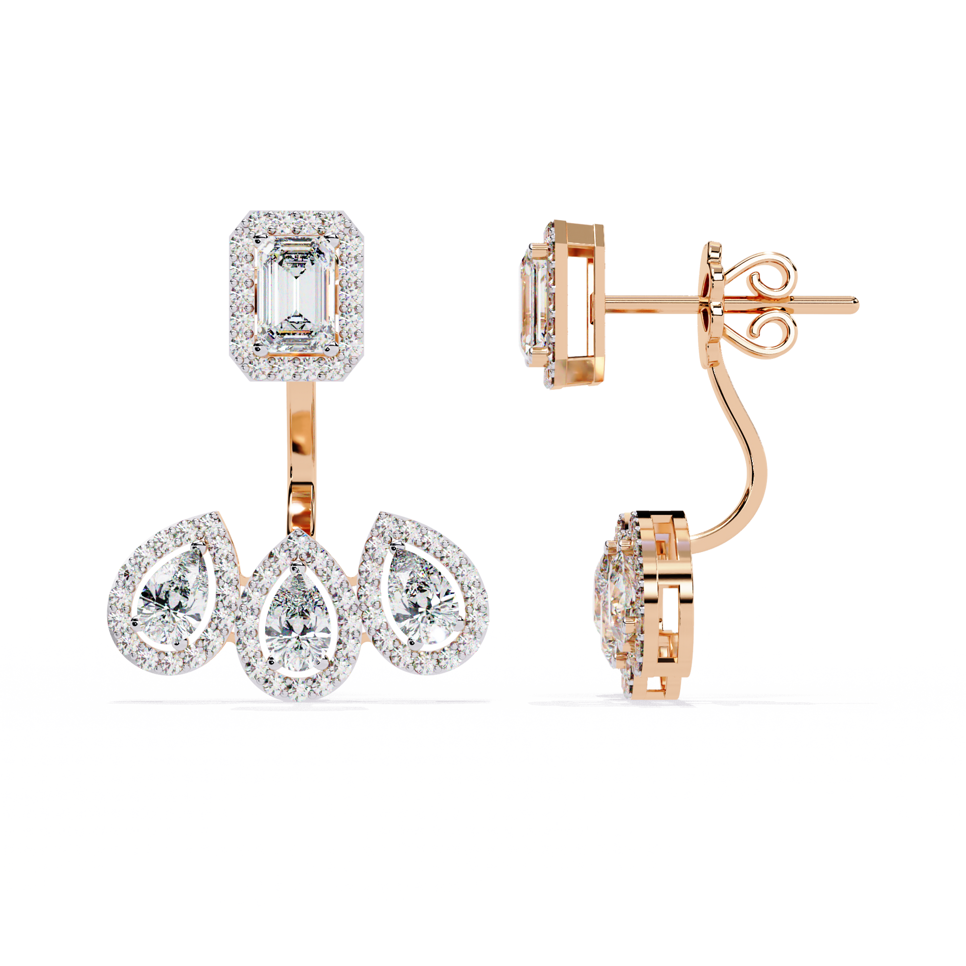 Rose gold diamond earrings on a white background