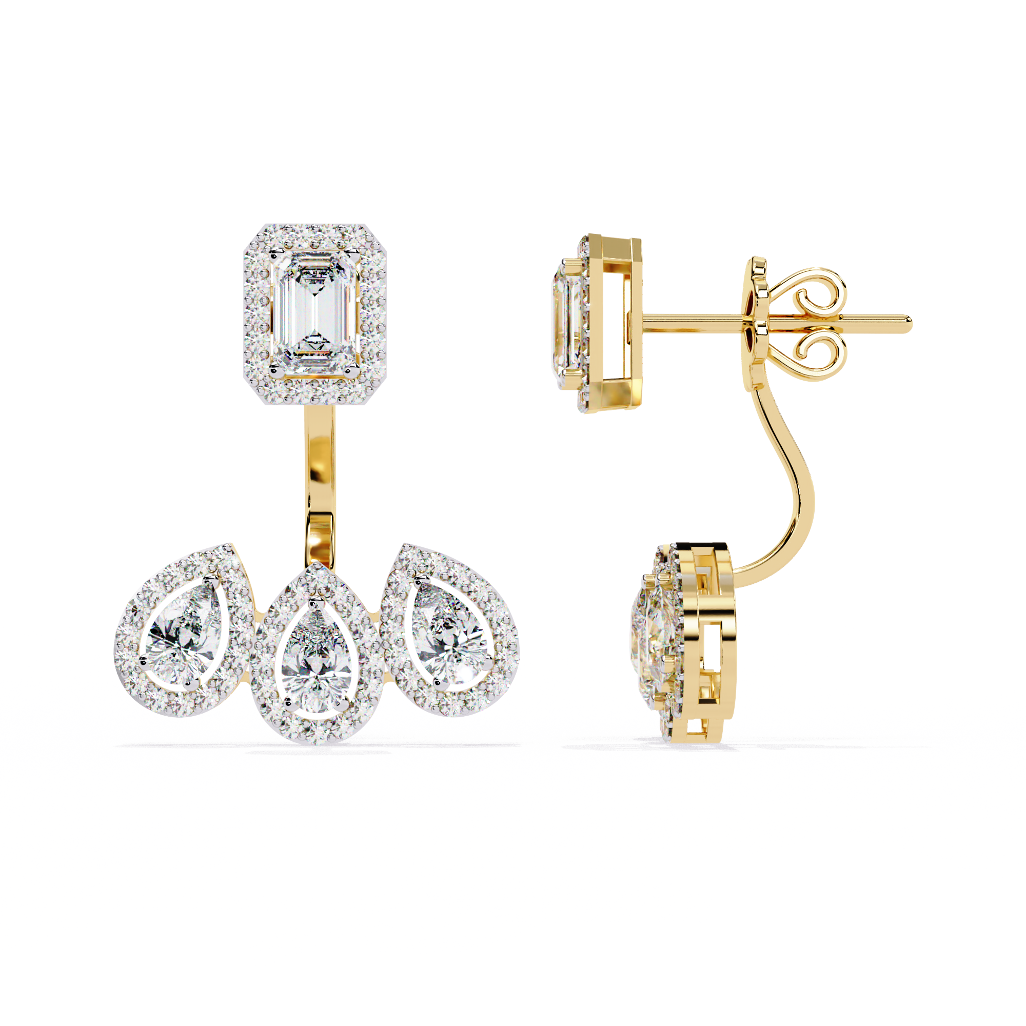 Gold and diamond earrings on a white background
