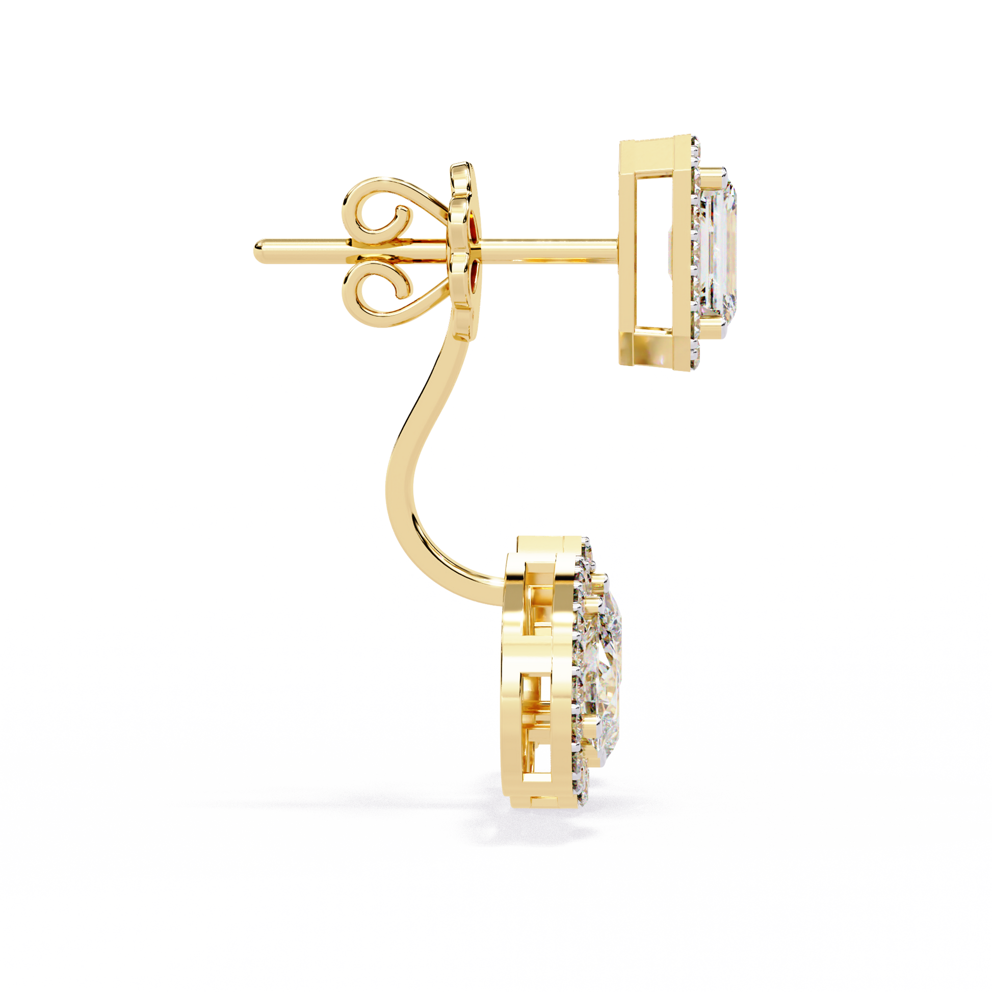 Gold earrings with diamond accents on a white background