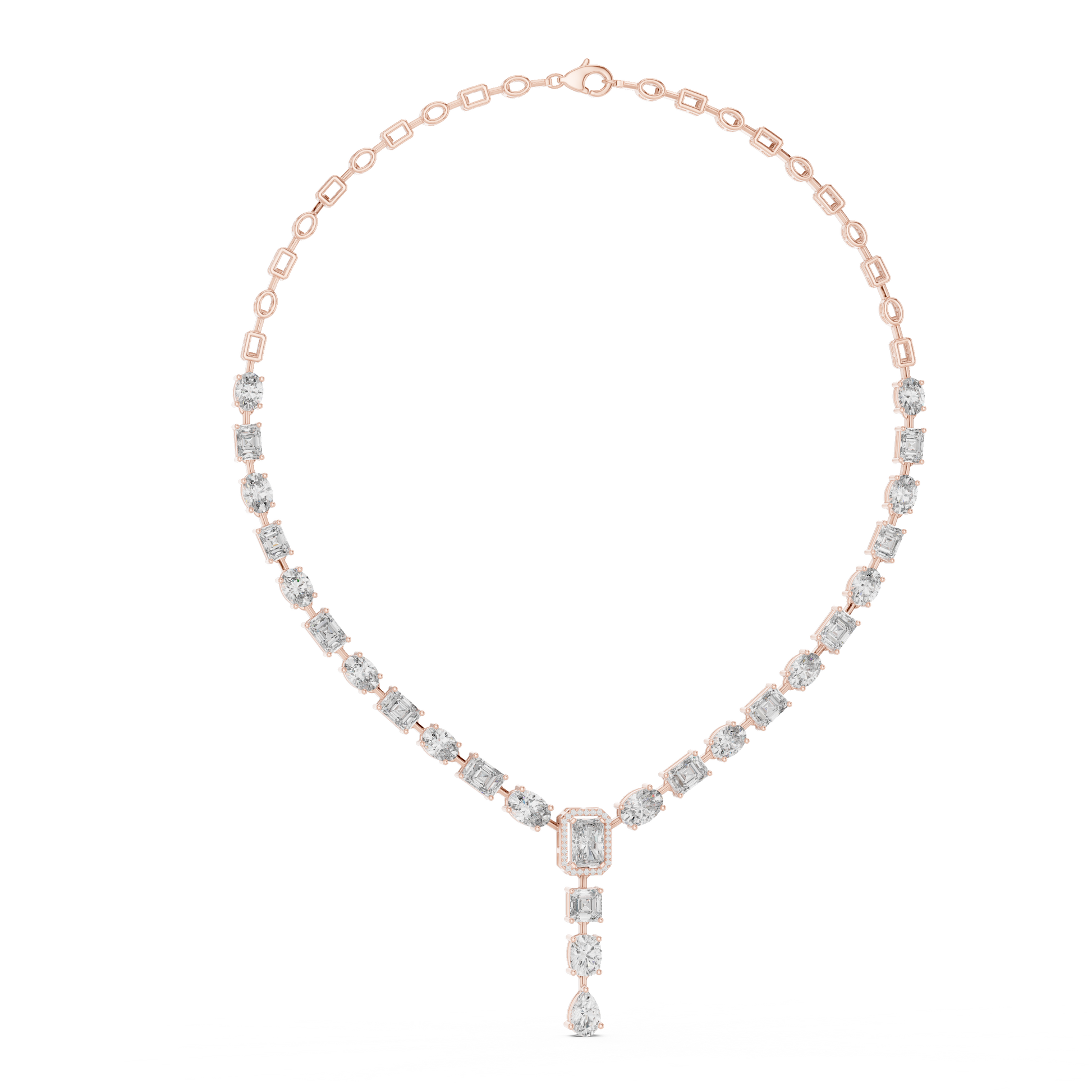 Rose gold necklace with diamond accents on a white background
