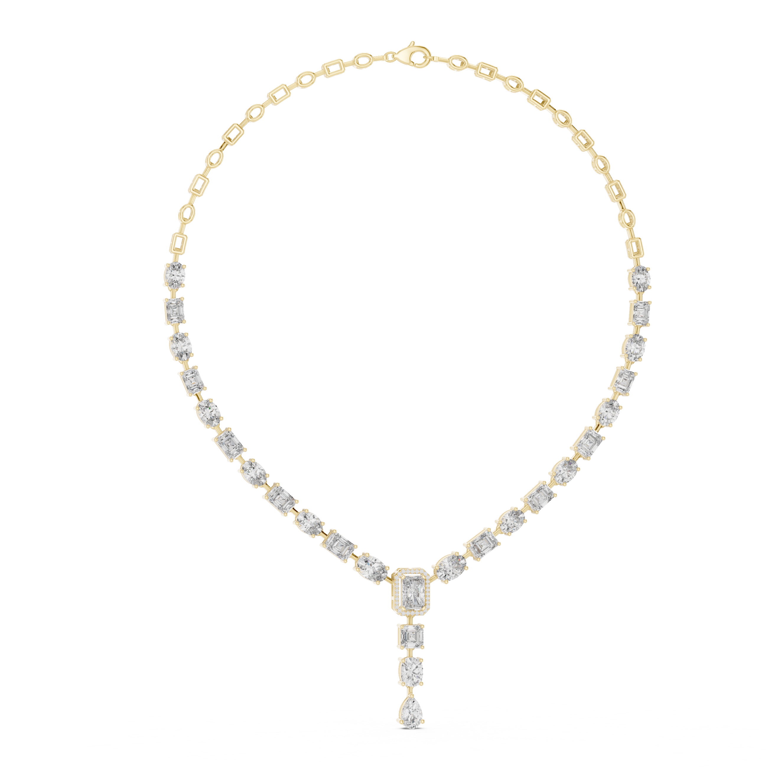 Gold necklace with diamond pendant on a white background