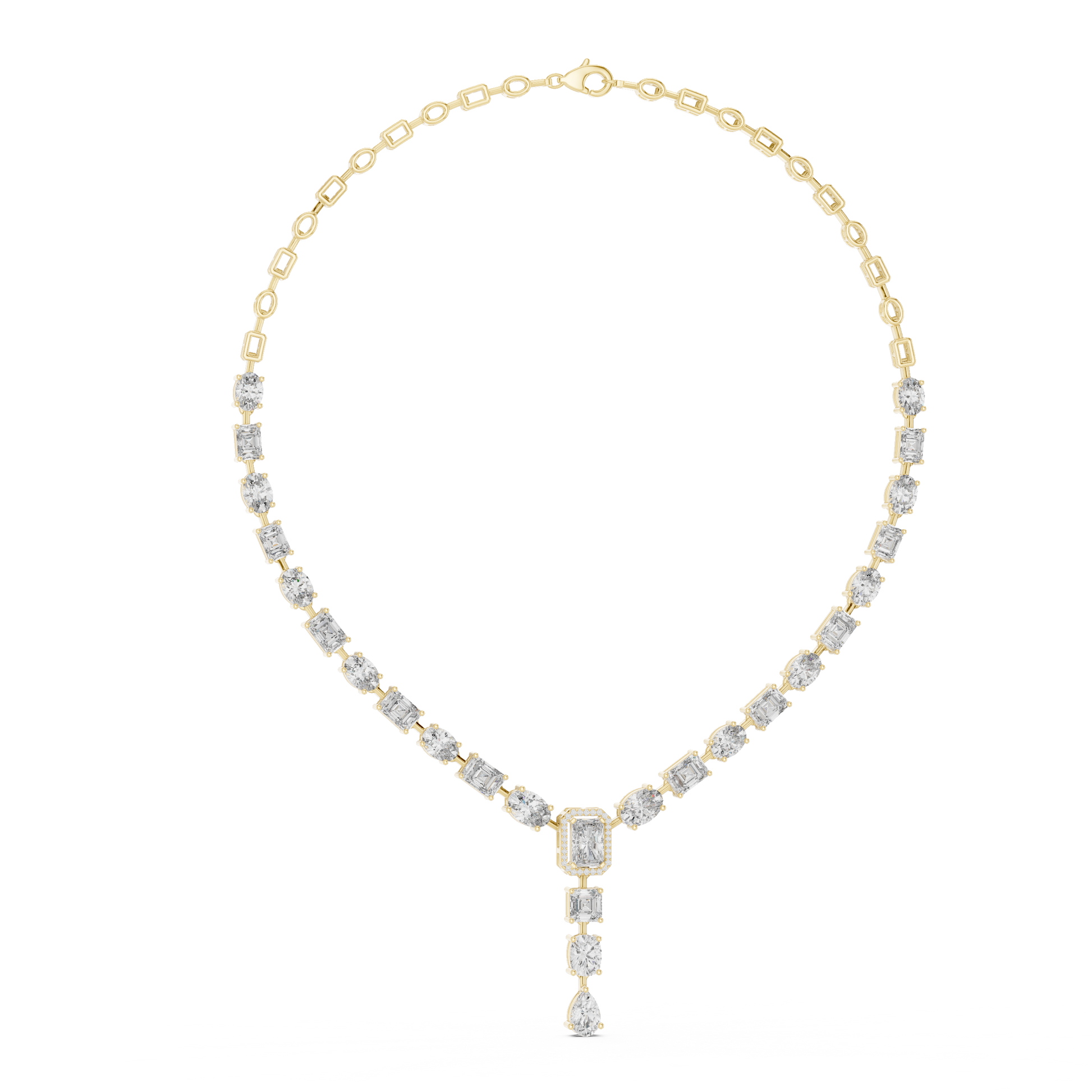 Gold necklace with diamond pendant on a white background