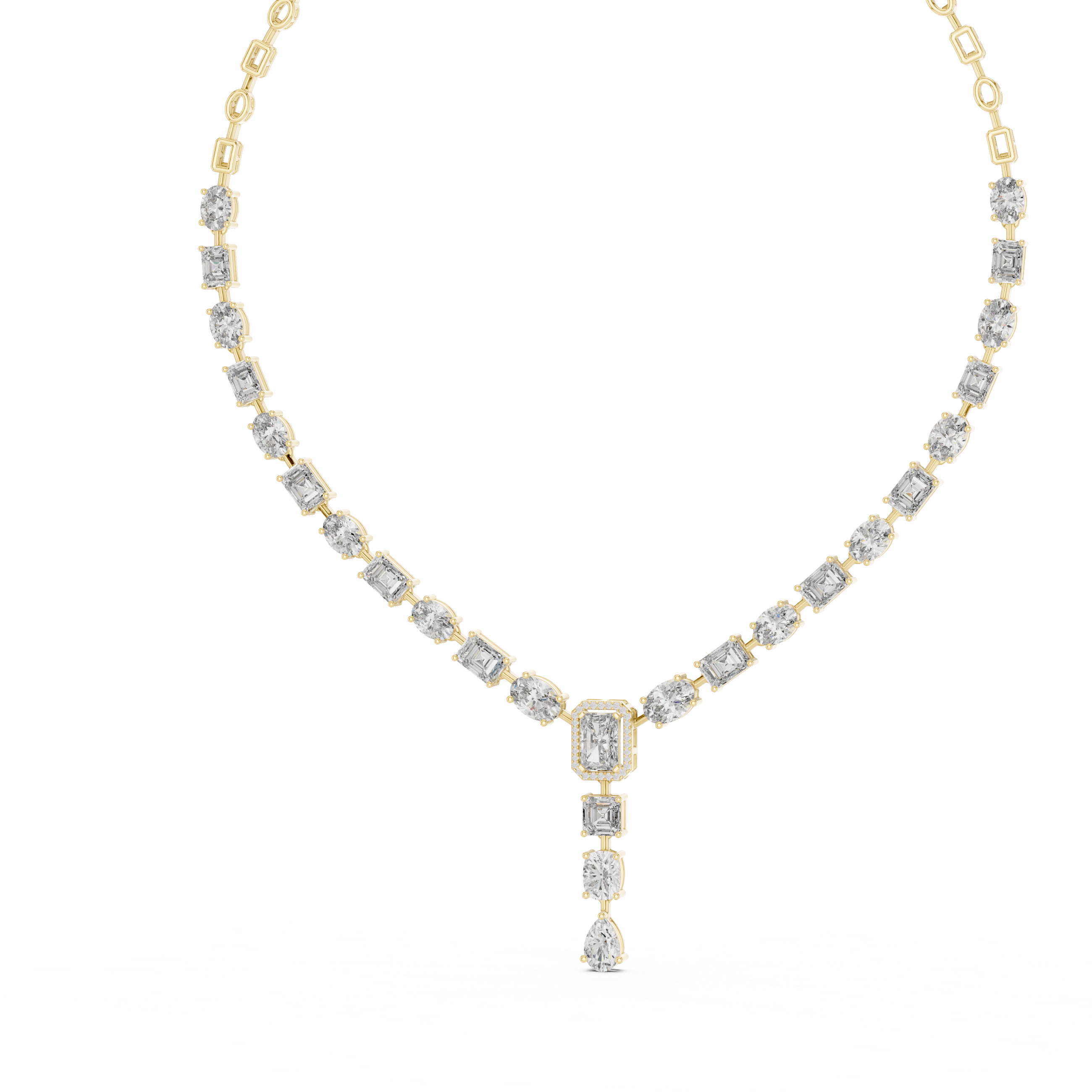 Gold necklace with diamond pendants on a white background