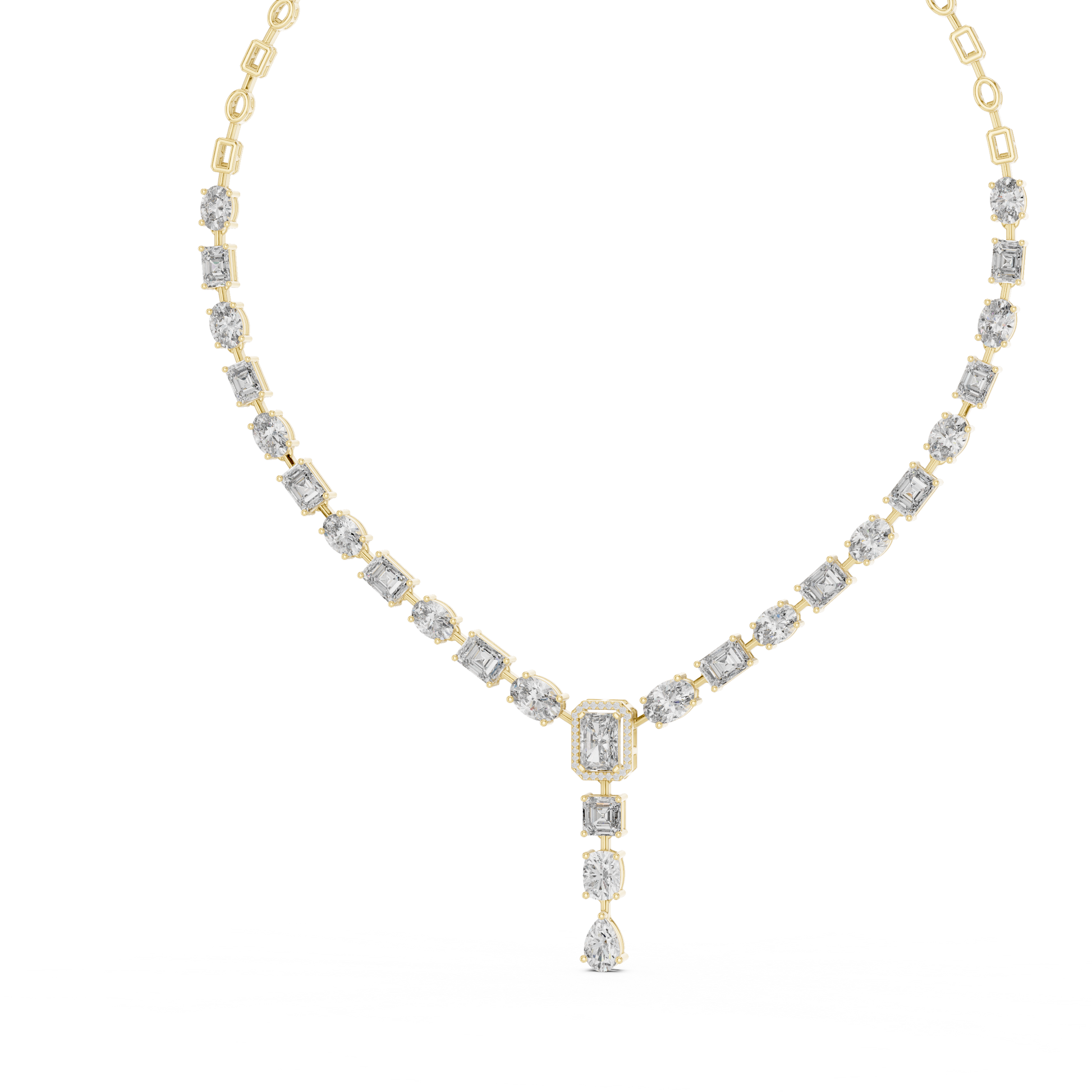 Gold necklace with diamond pendants on a white background