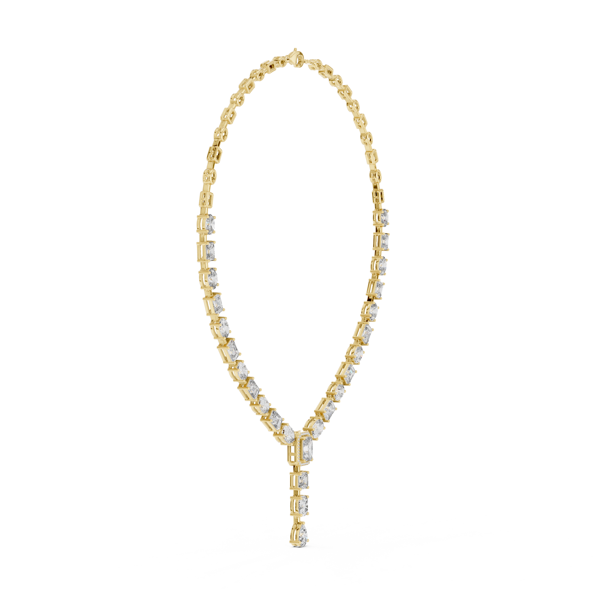Gold necklace with diamond pendant on a white background