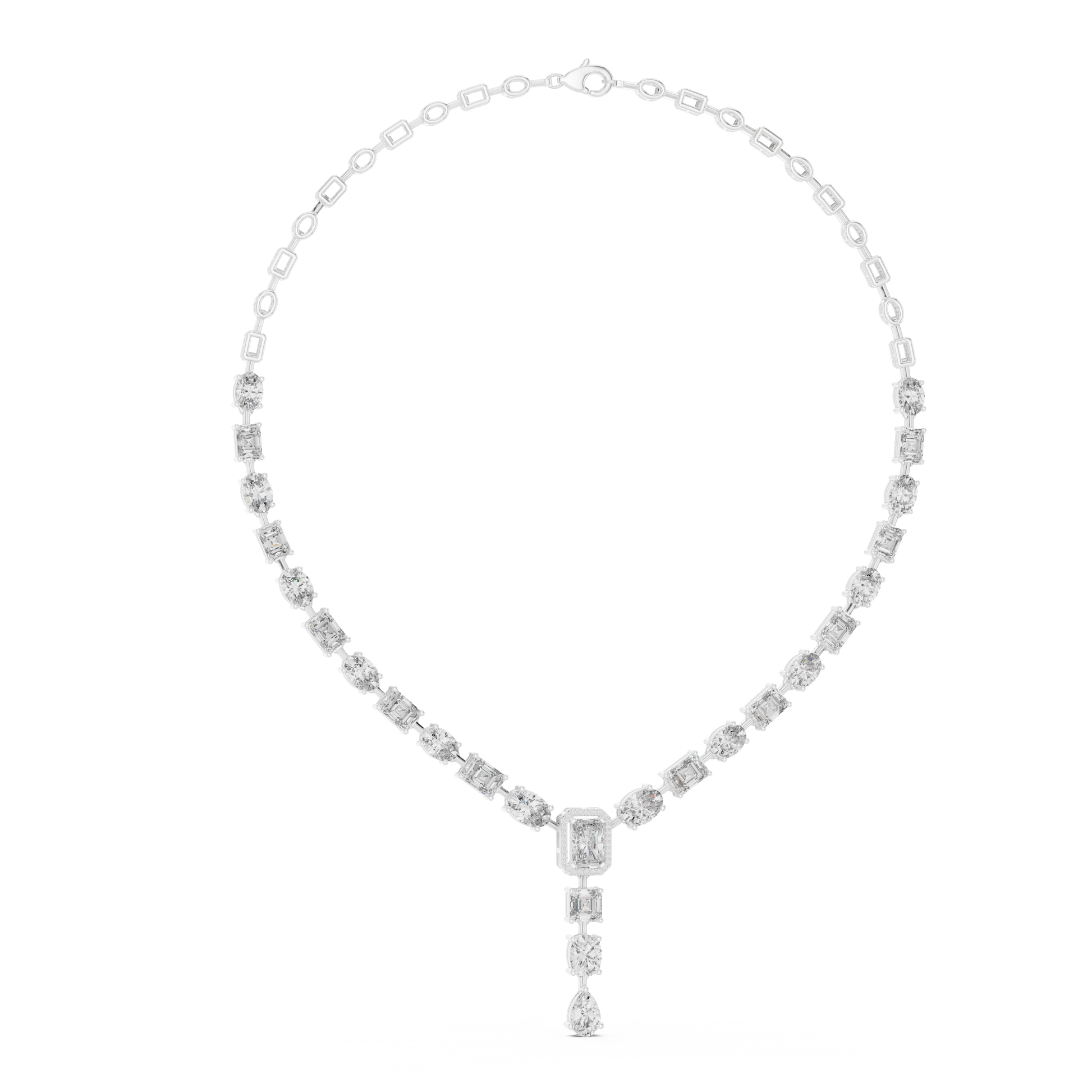 Diamond necklace with a central pendant on a white background