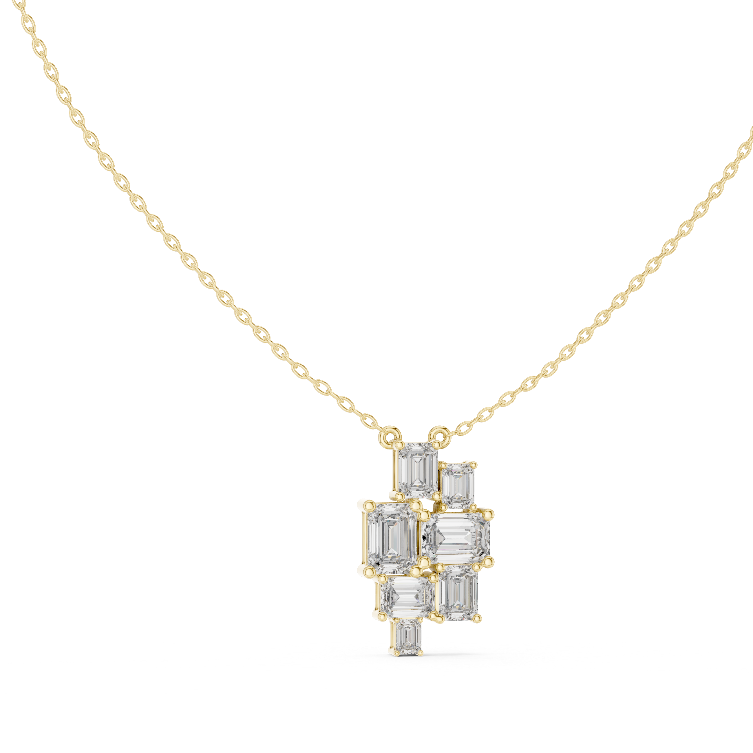 Gold necklace with a geometric pendant on a white background