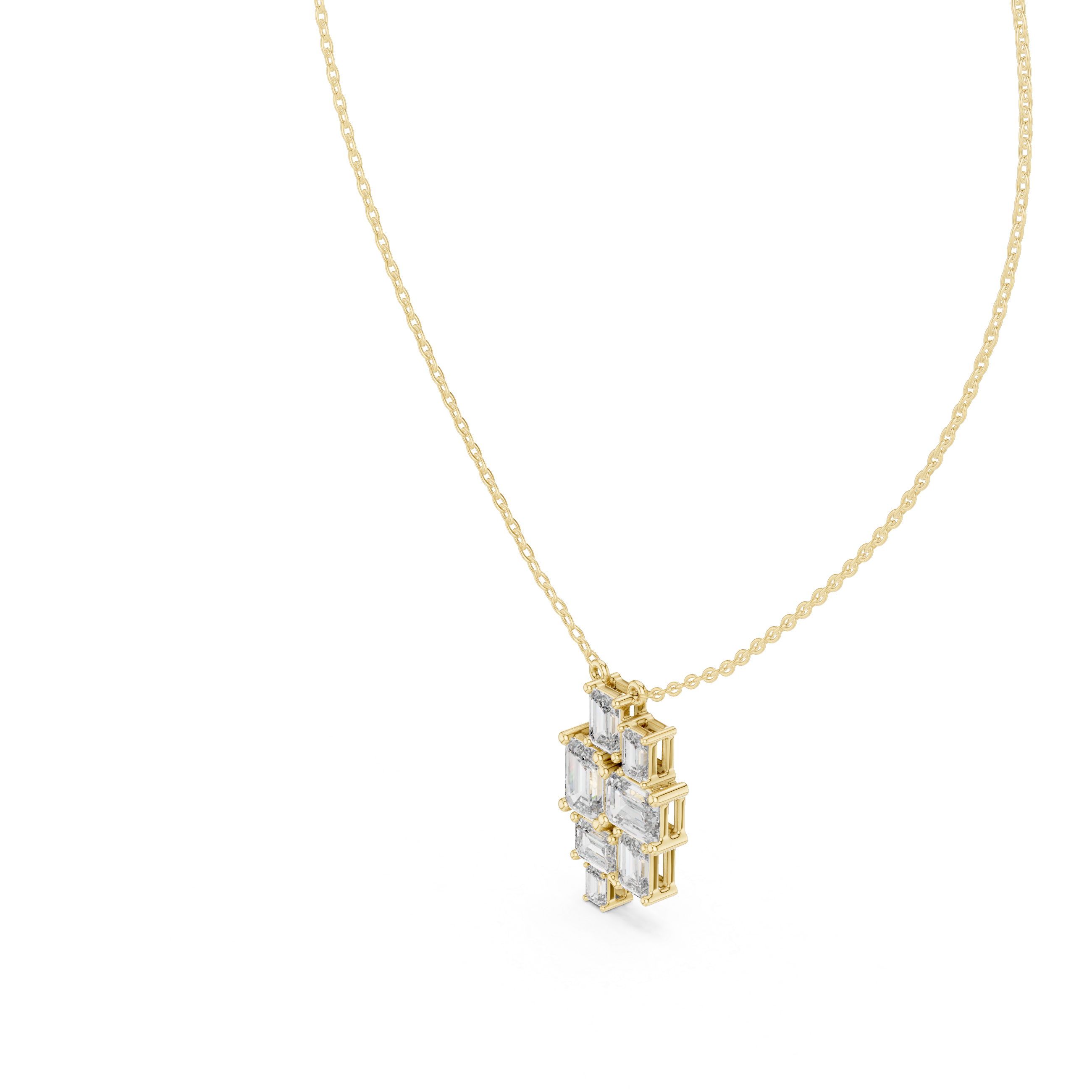 Gold necklace with a geometric pendant on a white background