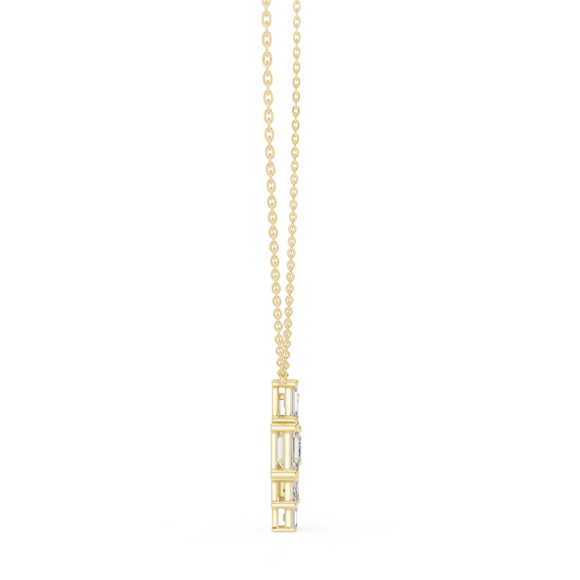 Gold necklace with a geometric pendant on a white background