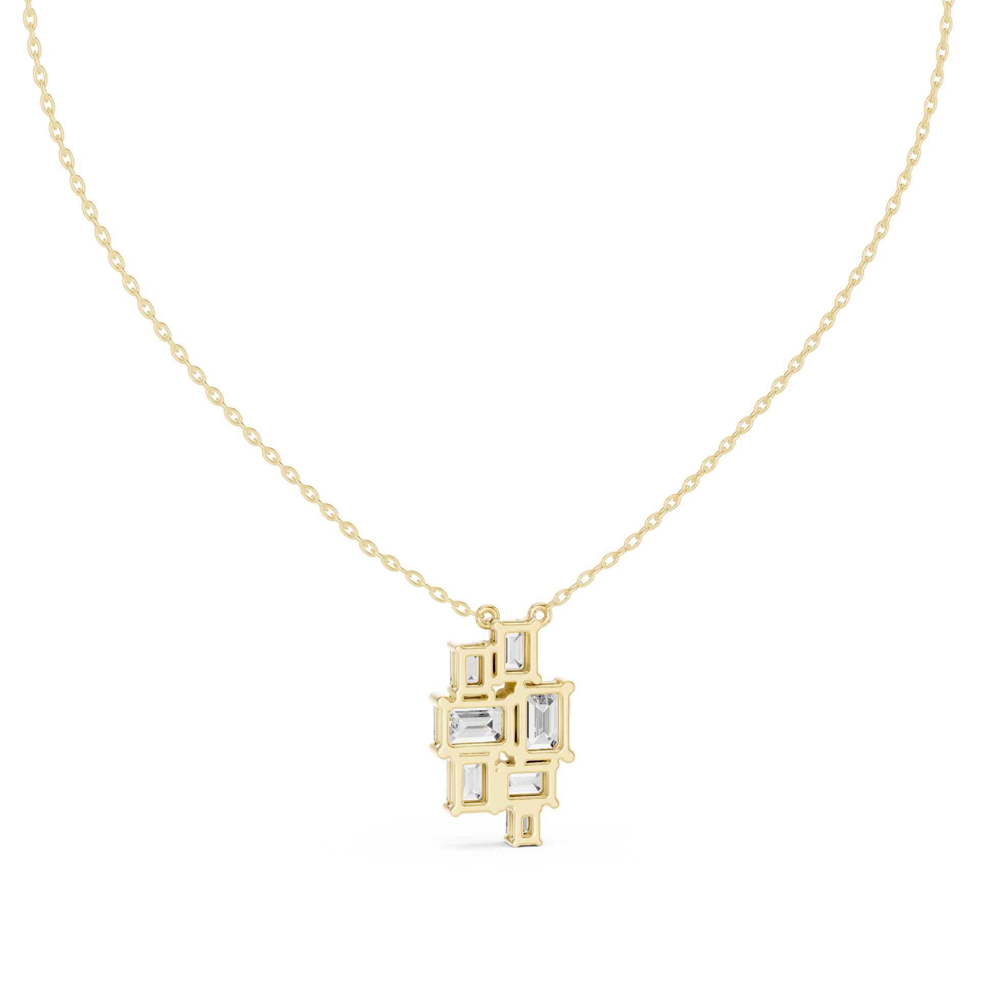Gold necklace with a geometric pendant on a white background