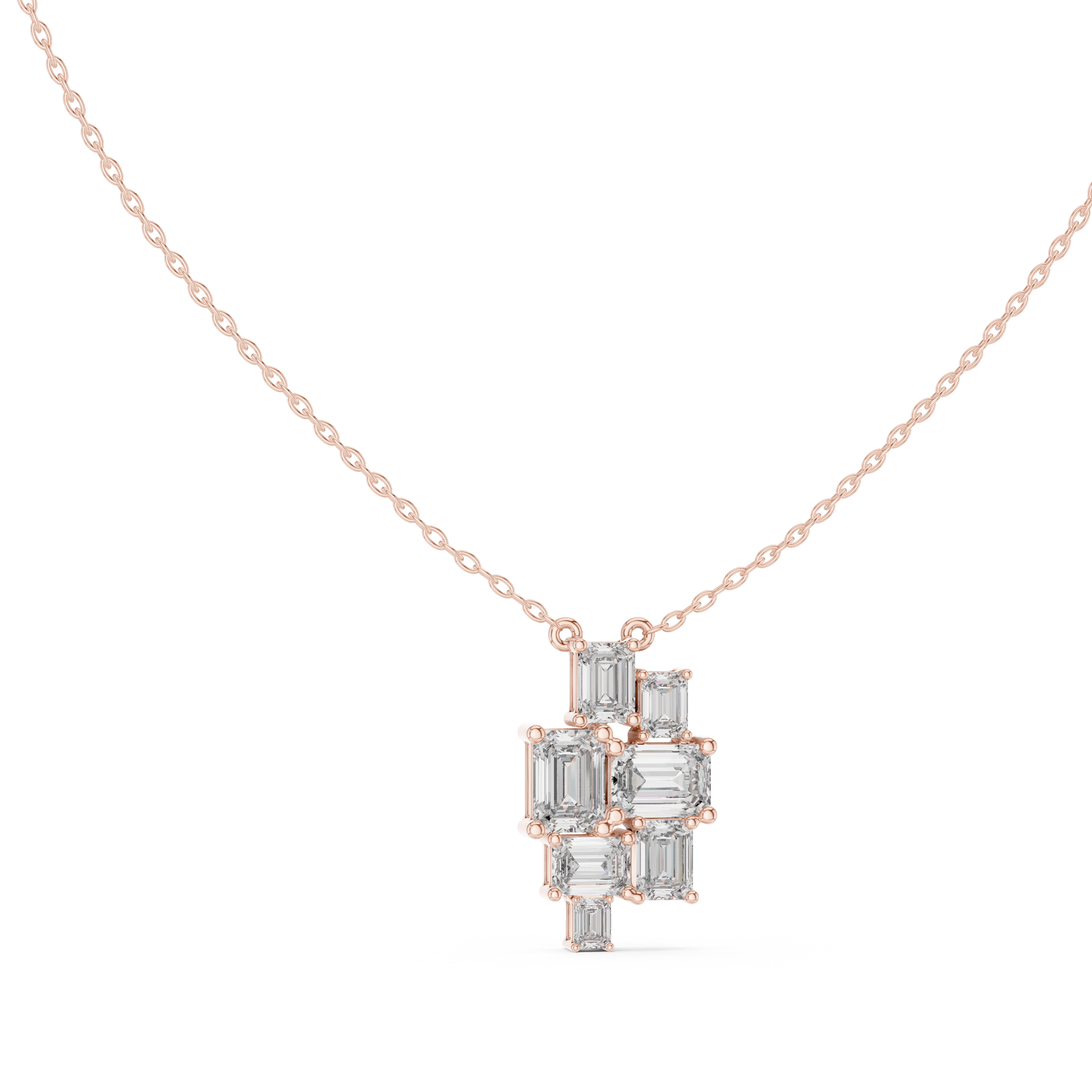 Rose gold necklace with diamond pendant on a white background