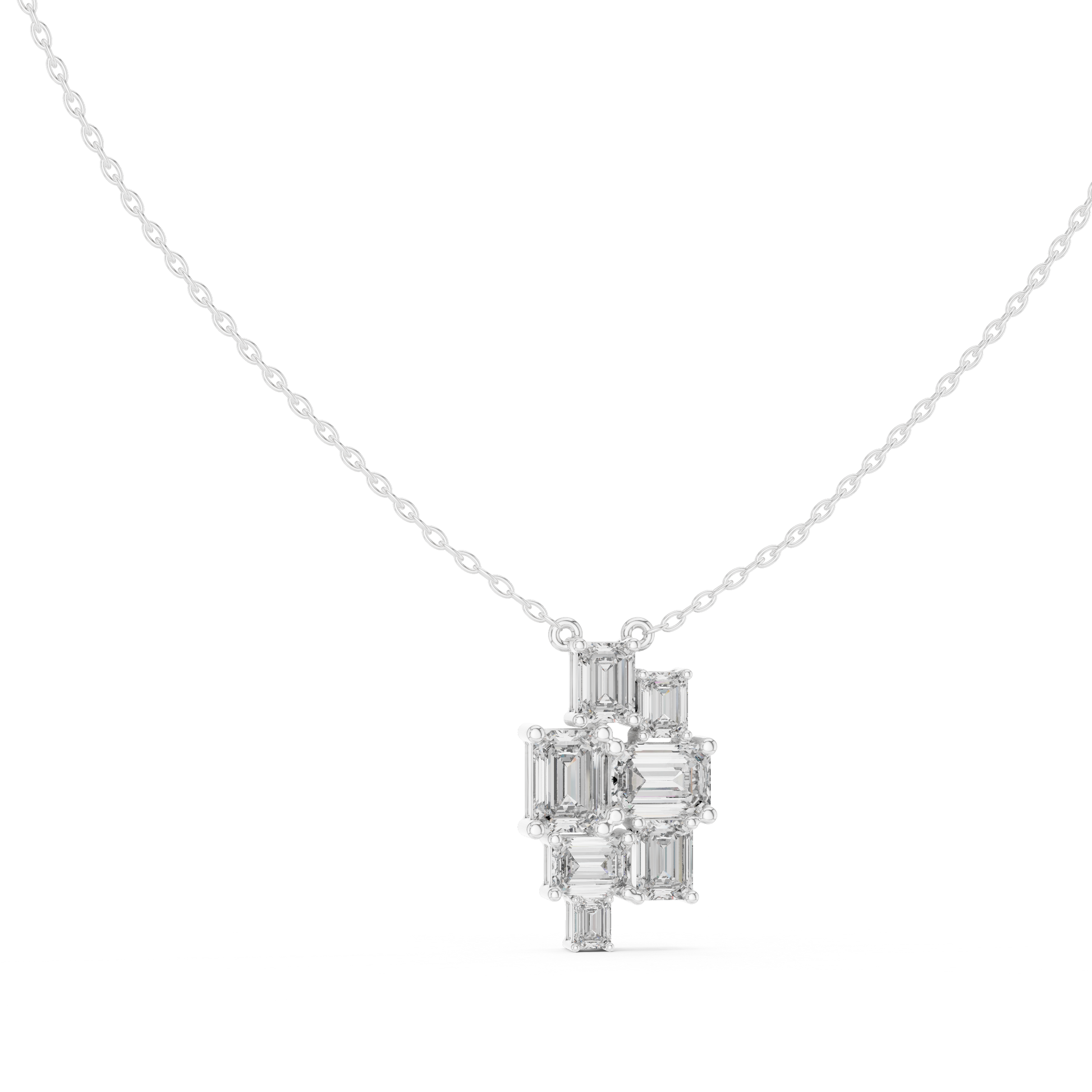 Diamond necklace with a cluster of rectangular and baguette-shaped diamonds on a white background