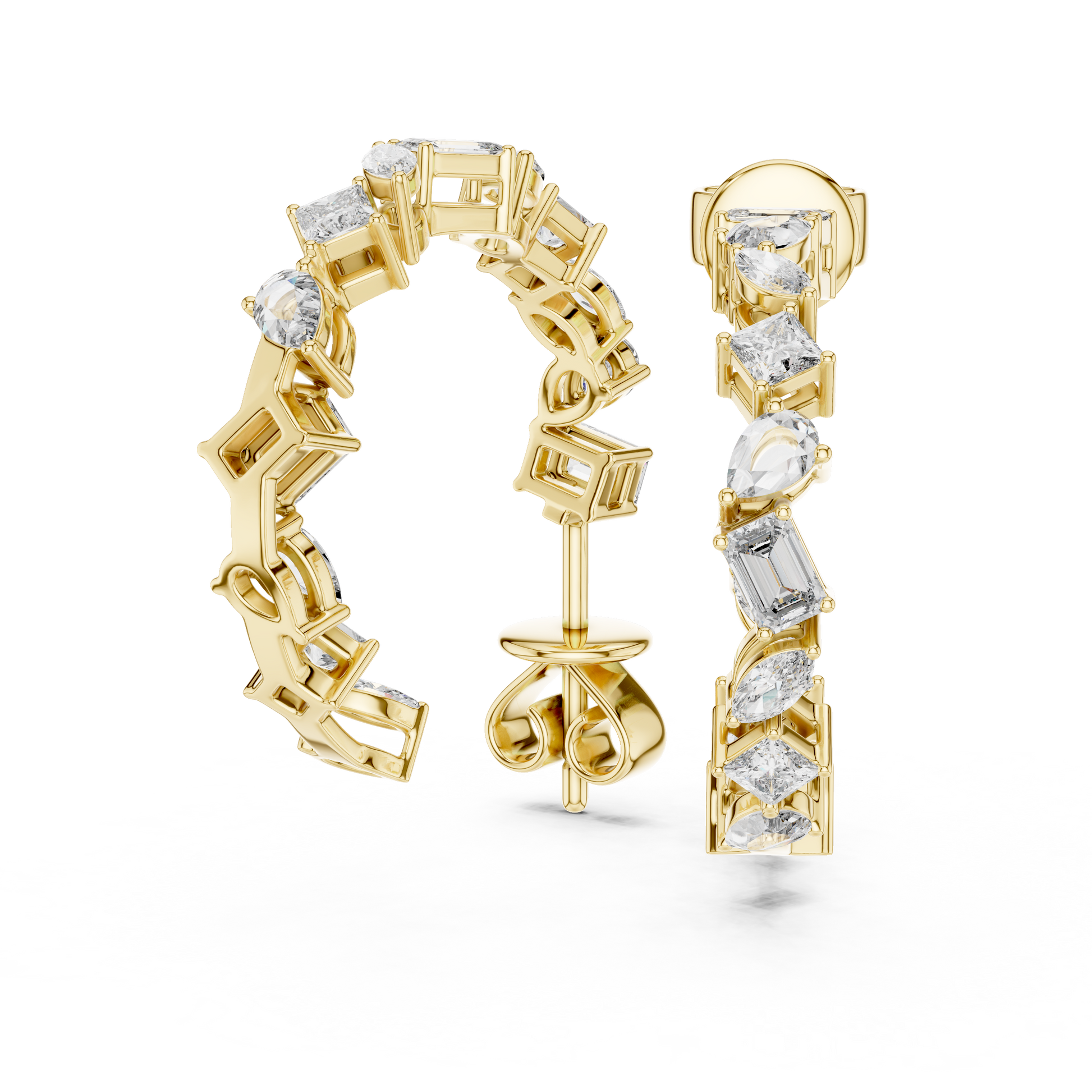 Gold earrings with diamonds on a white background