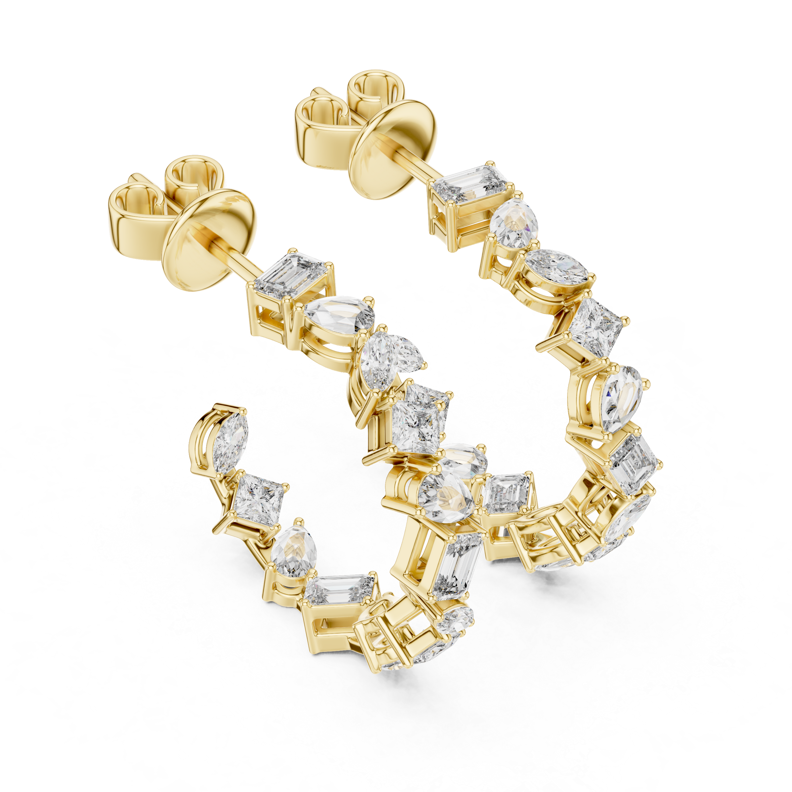Gold earrings with diamonds on a white background