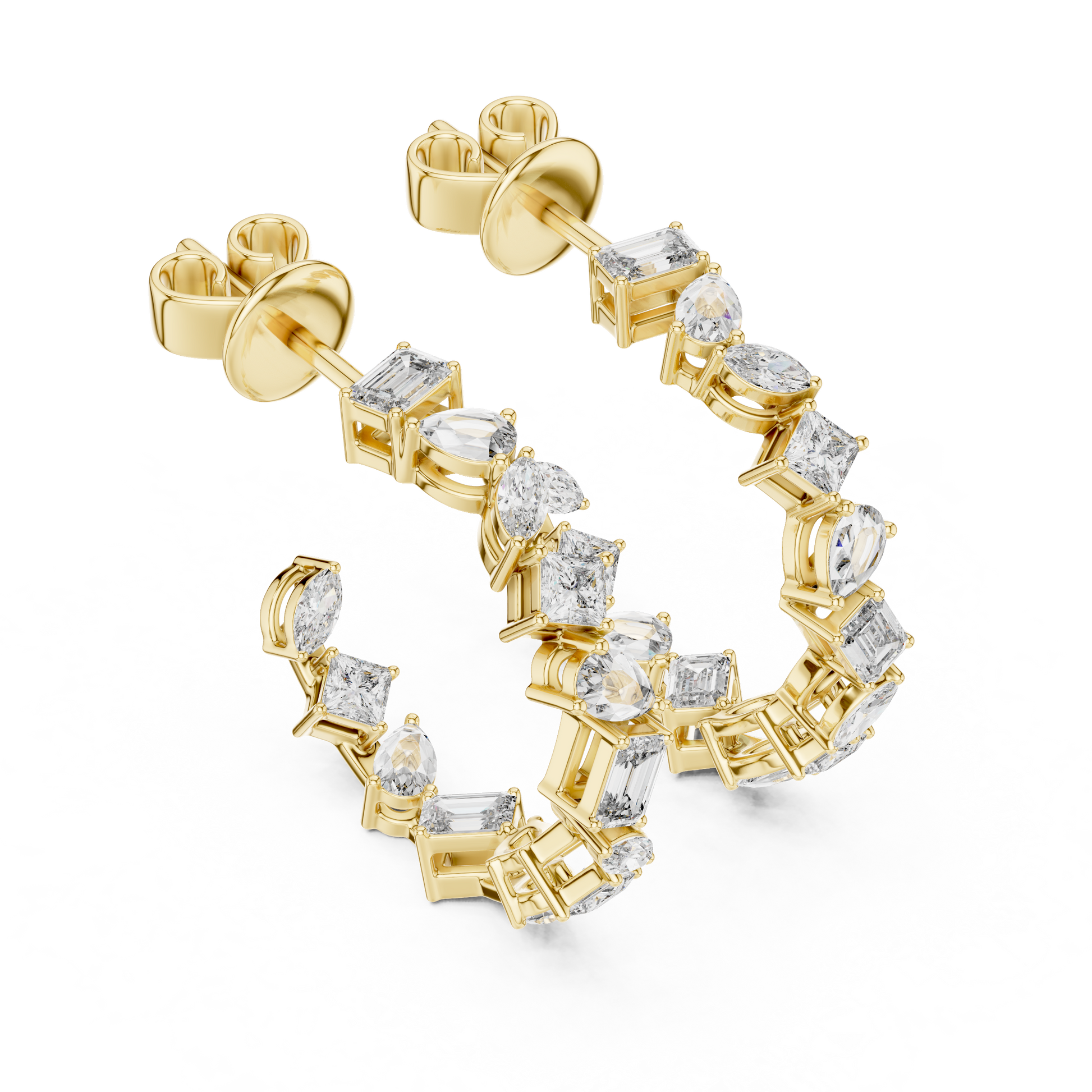 Gold earrings with diamonds on a white background