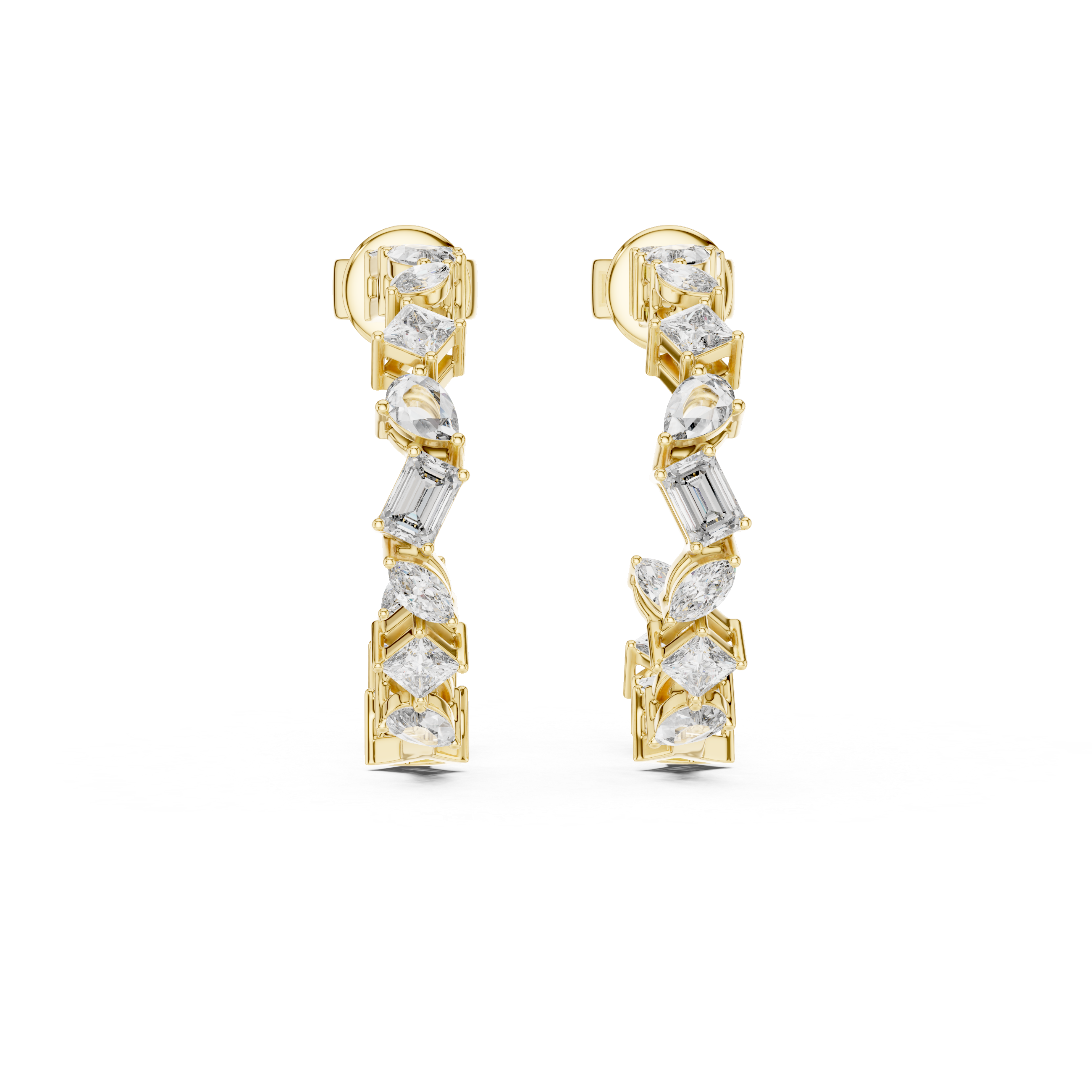 Gold earrings with diamonds on a white background