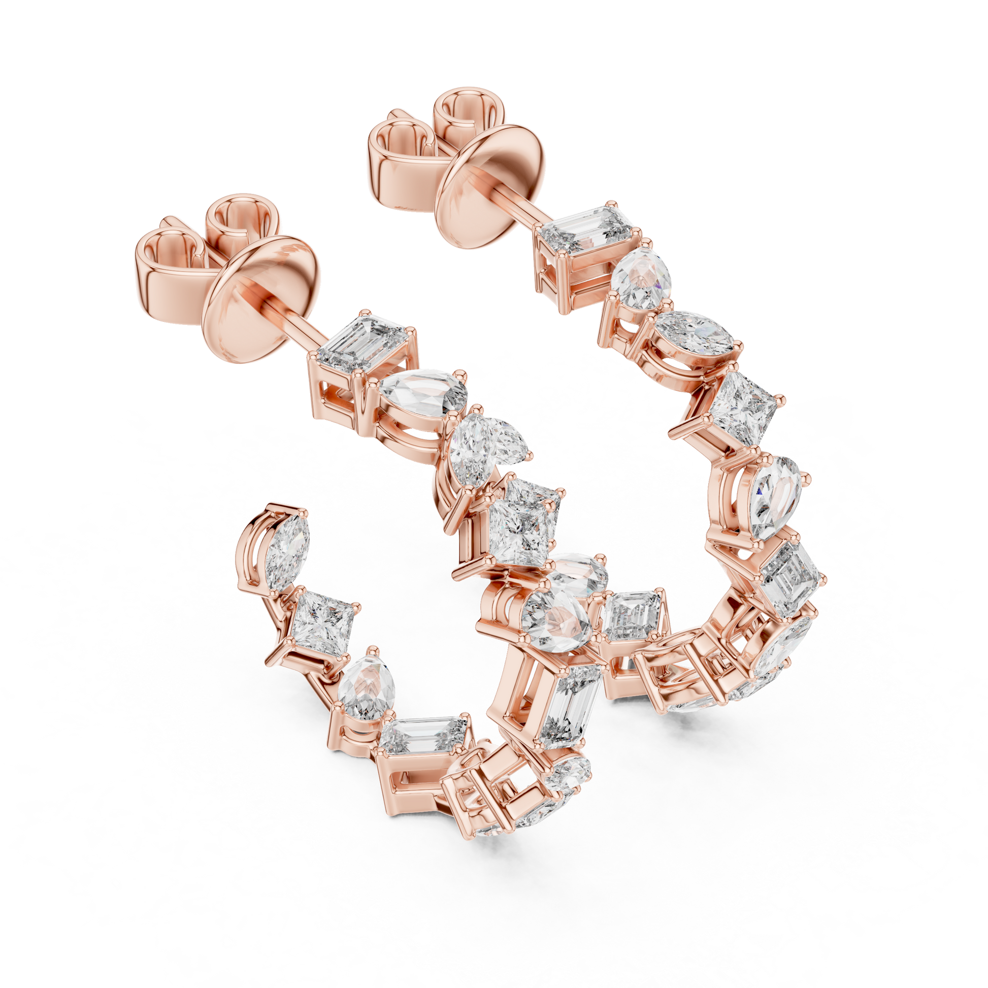 Rose gold hoop earrings with diamond accents on a white background